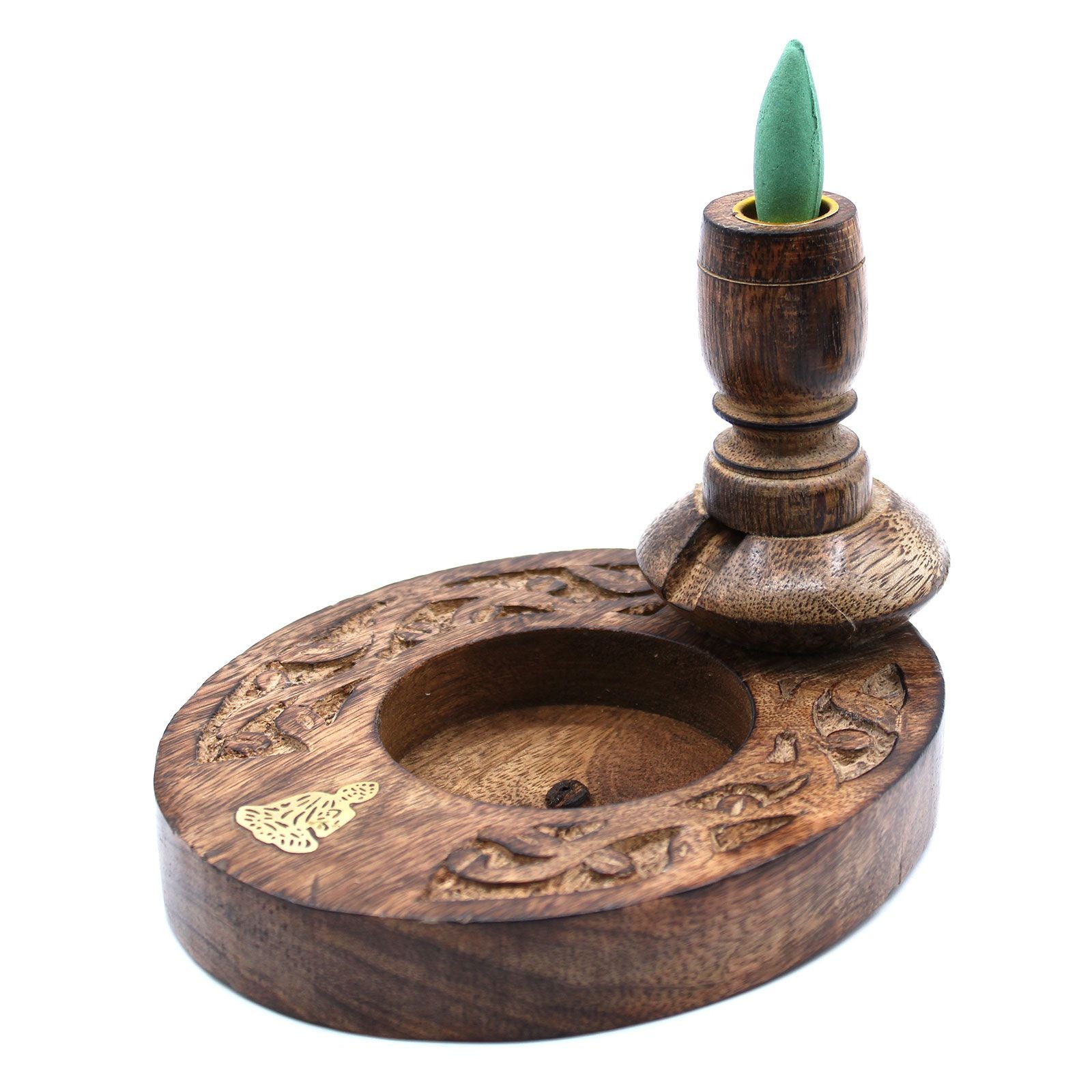 Backflow Incense Burner in Mango Wood with Brass Buddha