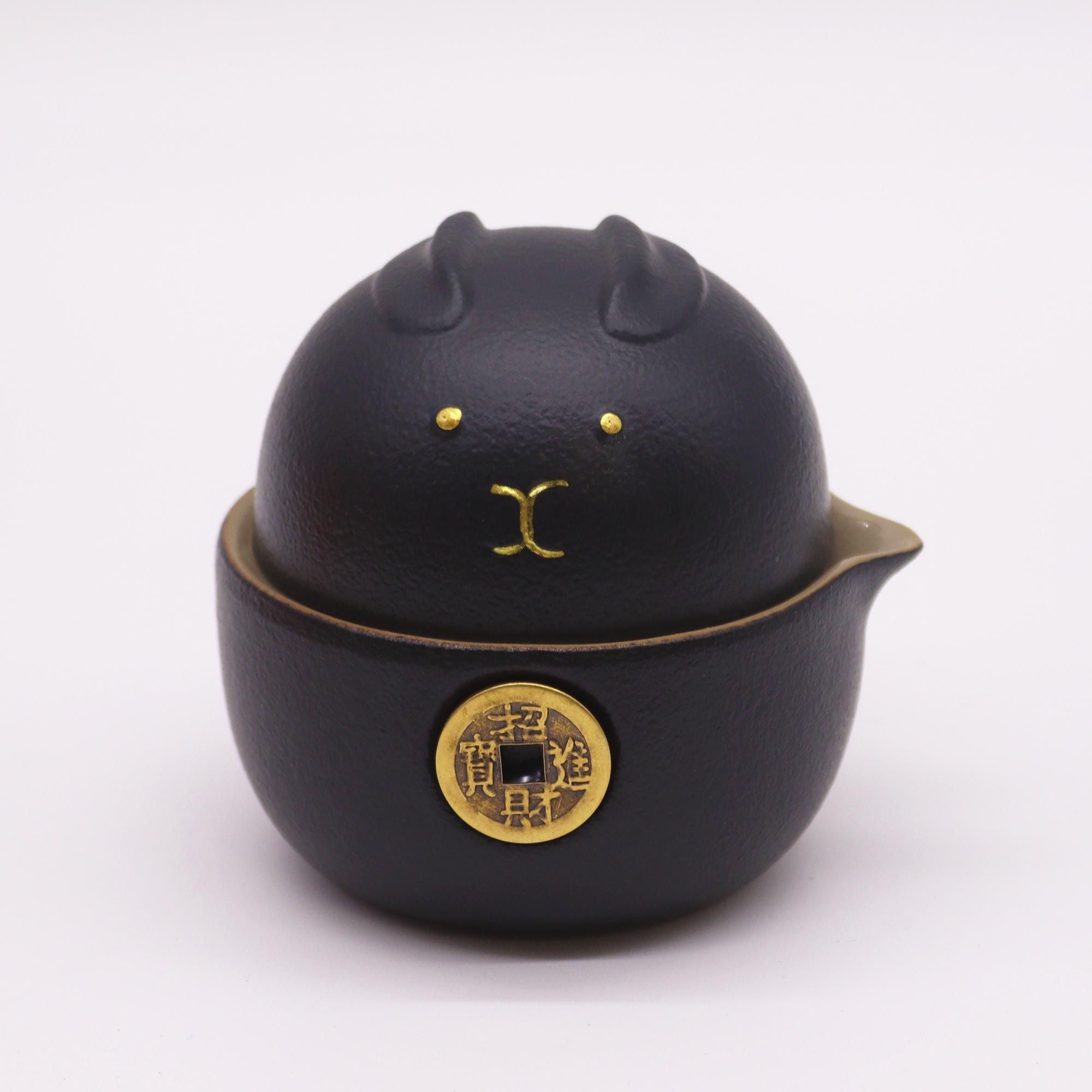 Conjunto de Bule Gato da Sorte – Duas Chávenas e Estojo de Viagem – Preto
