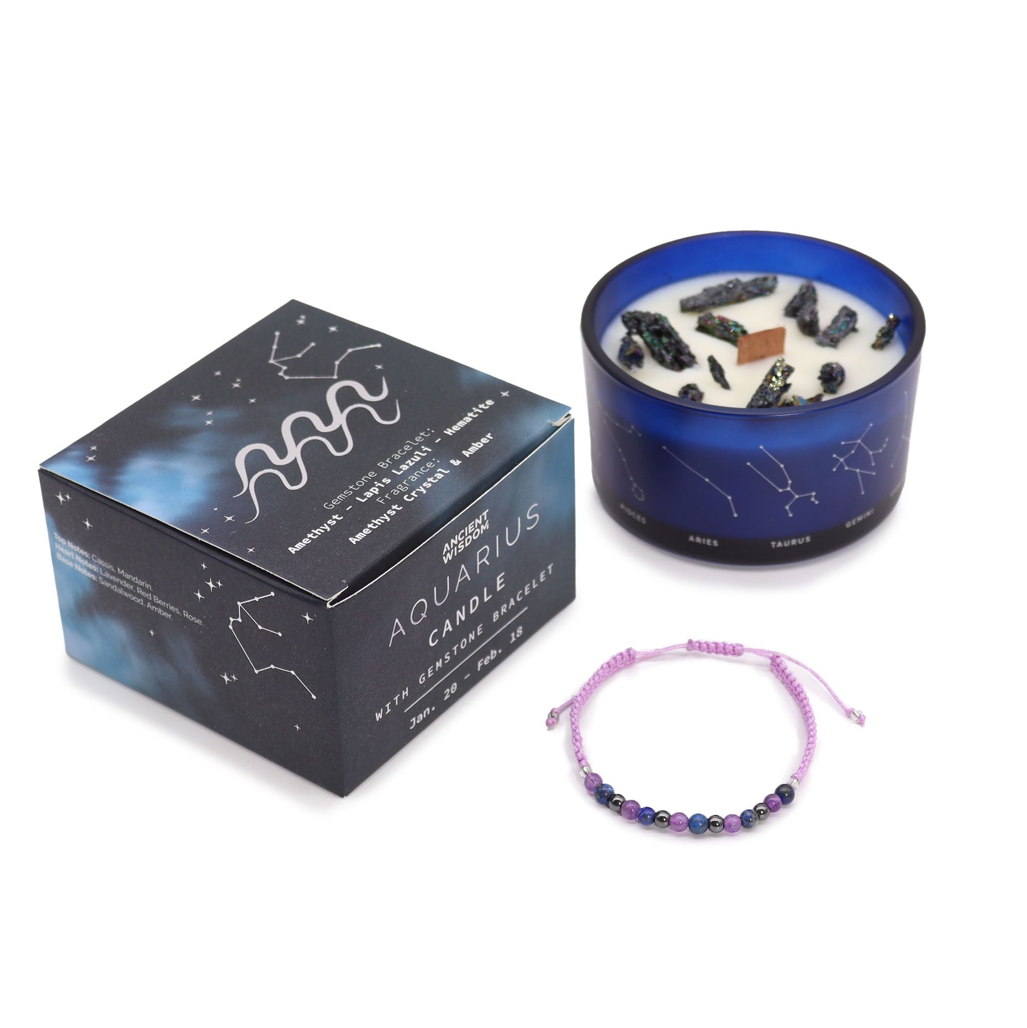 Vela de Cristal do Zodíaco com Pulseira de Pedras Naturais Aquário