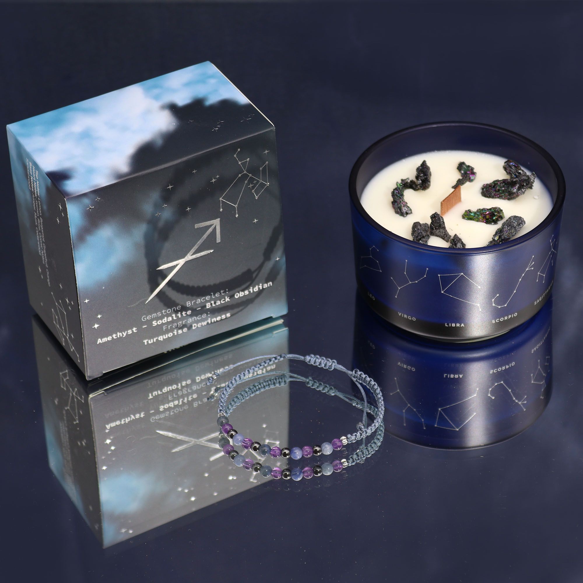 Vela de Cristal do Zodíaco com Pulseira de Pedras Naturais Sagitário