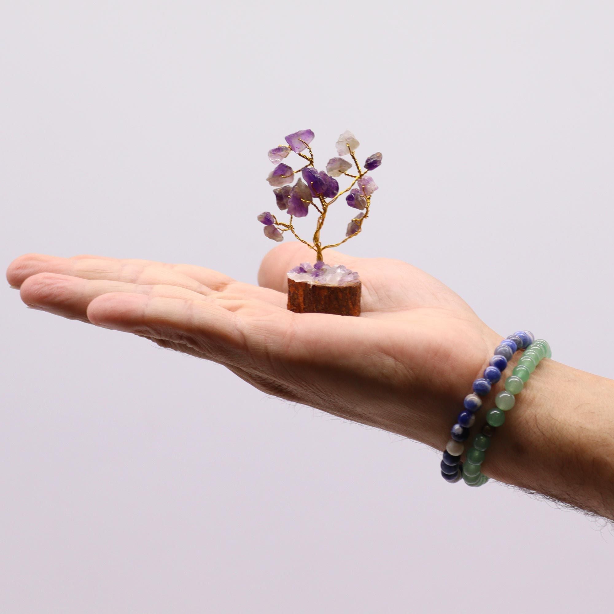 Mini Árbol de Piedras Naturales Base Madera Amatista (15 Piedras)