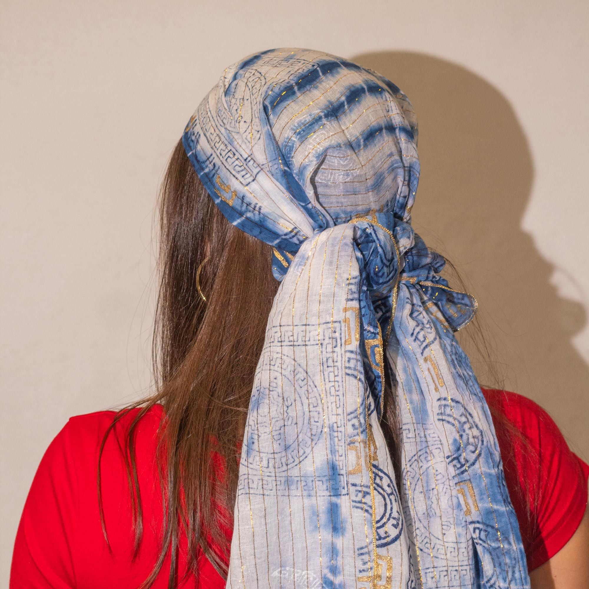 Écharpe Nomad Sari Marbella Verão - Azul e Dourado - 180x50 cm