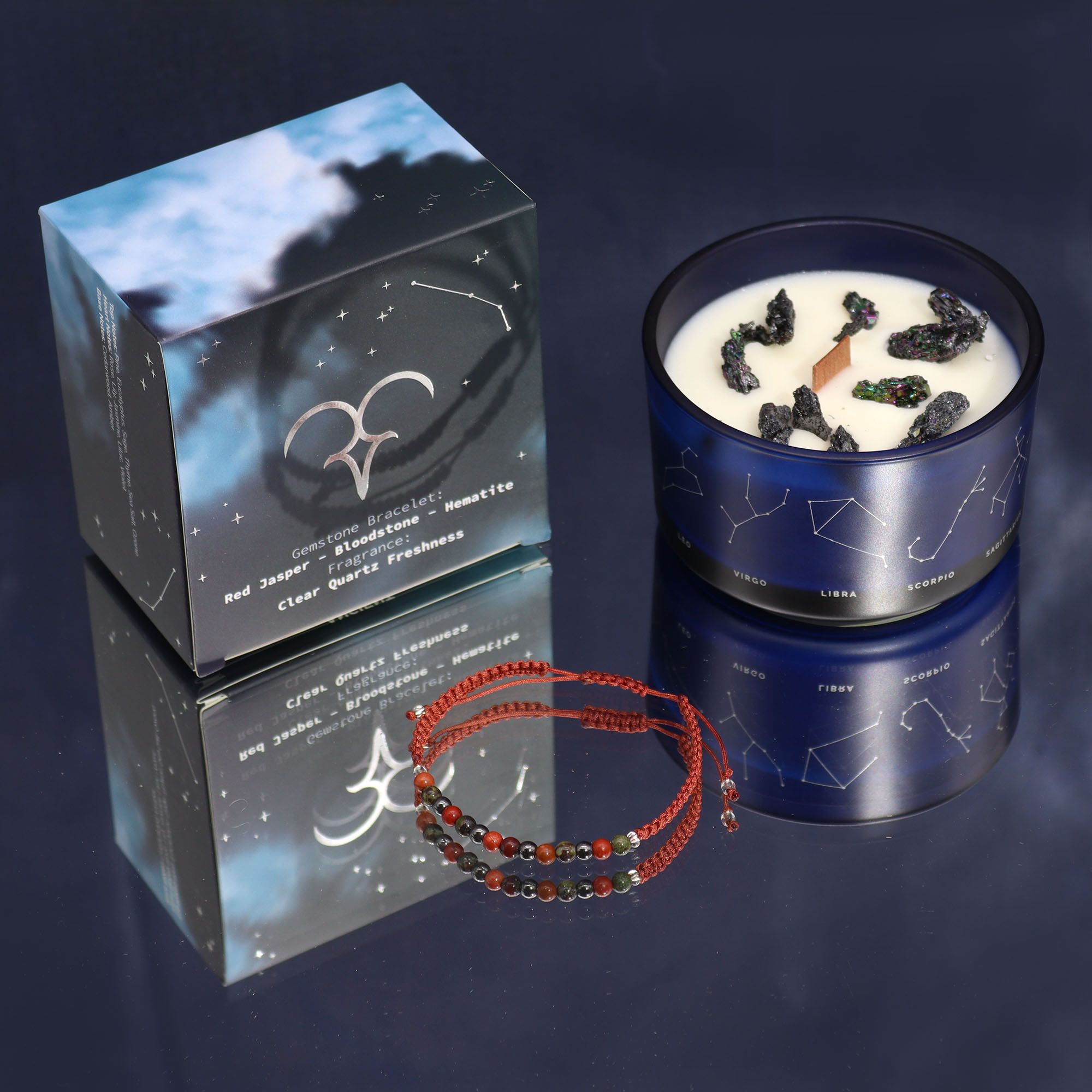 Vela de Cristal do Zodíaco com Pulseira de Pedras Naturais Carneiro