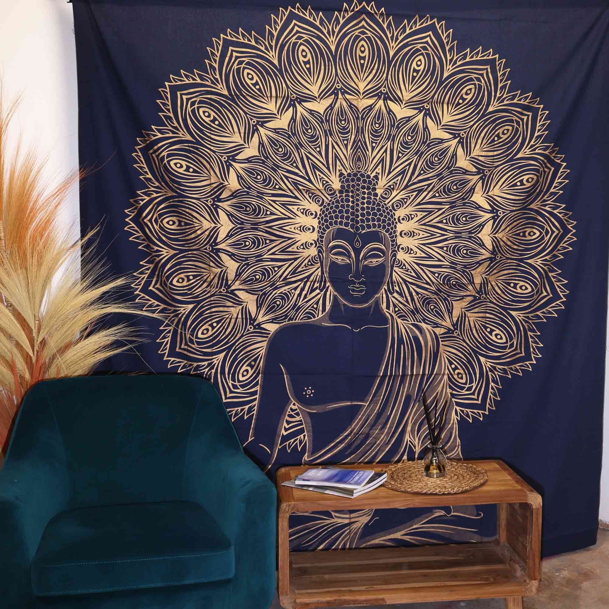 Colcha de Algodão Dupla com Tapeçaria de Parede Buda Azul e Dourado