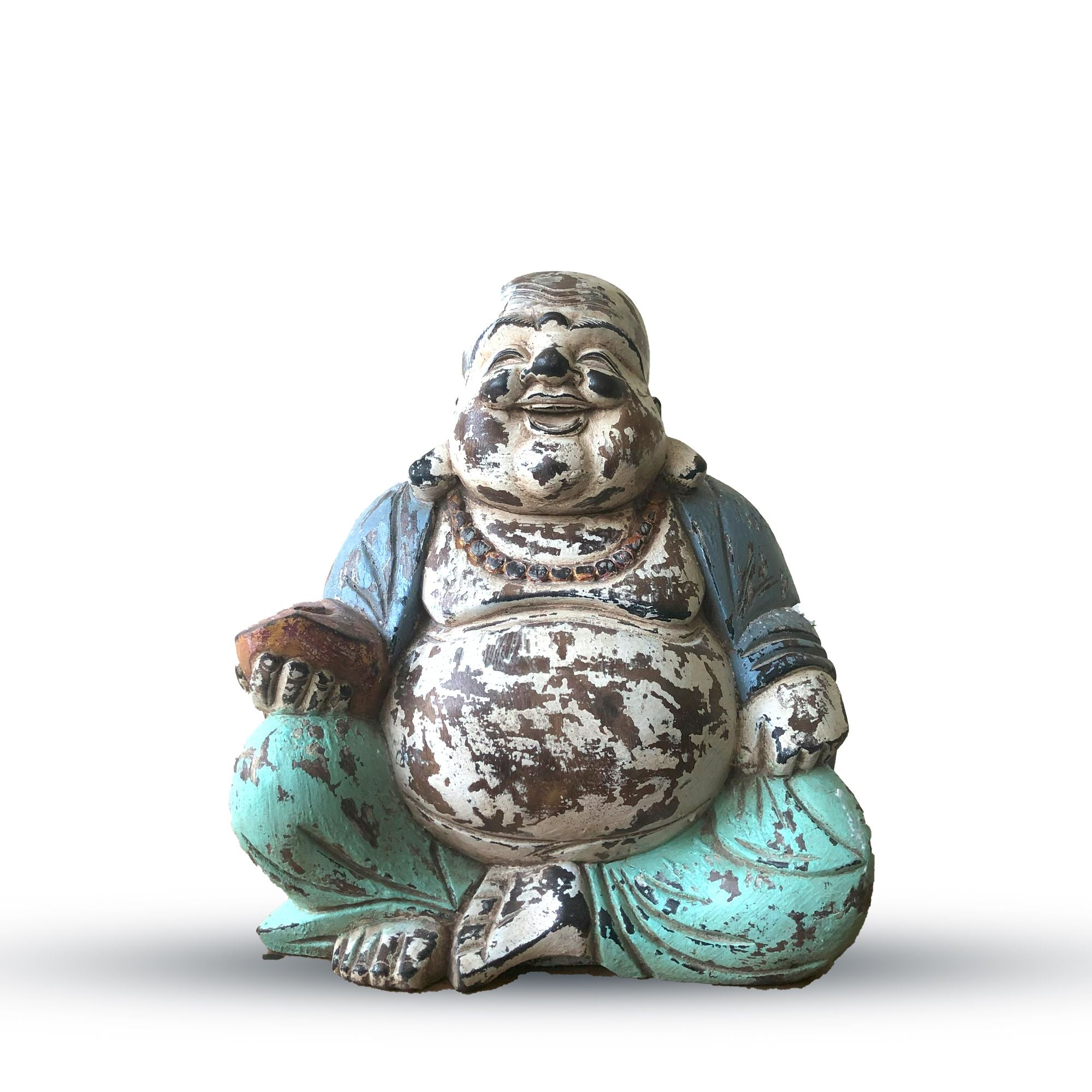 Estátua de Buda Vintage Azul-Menta Esculpida à Mão – Buda Feliz