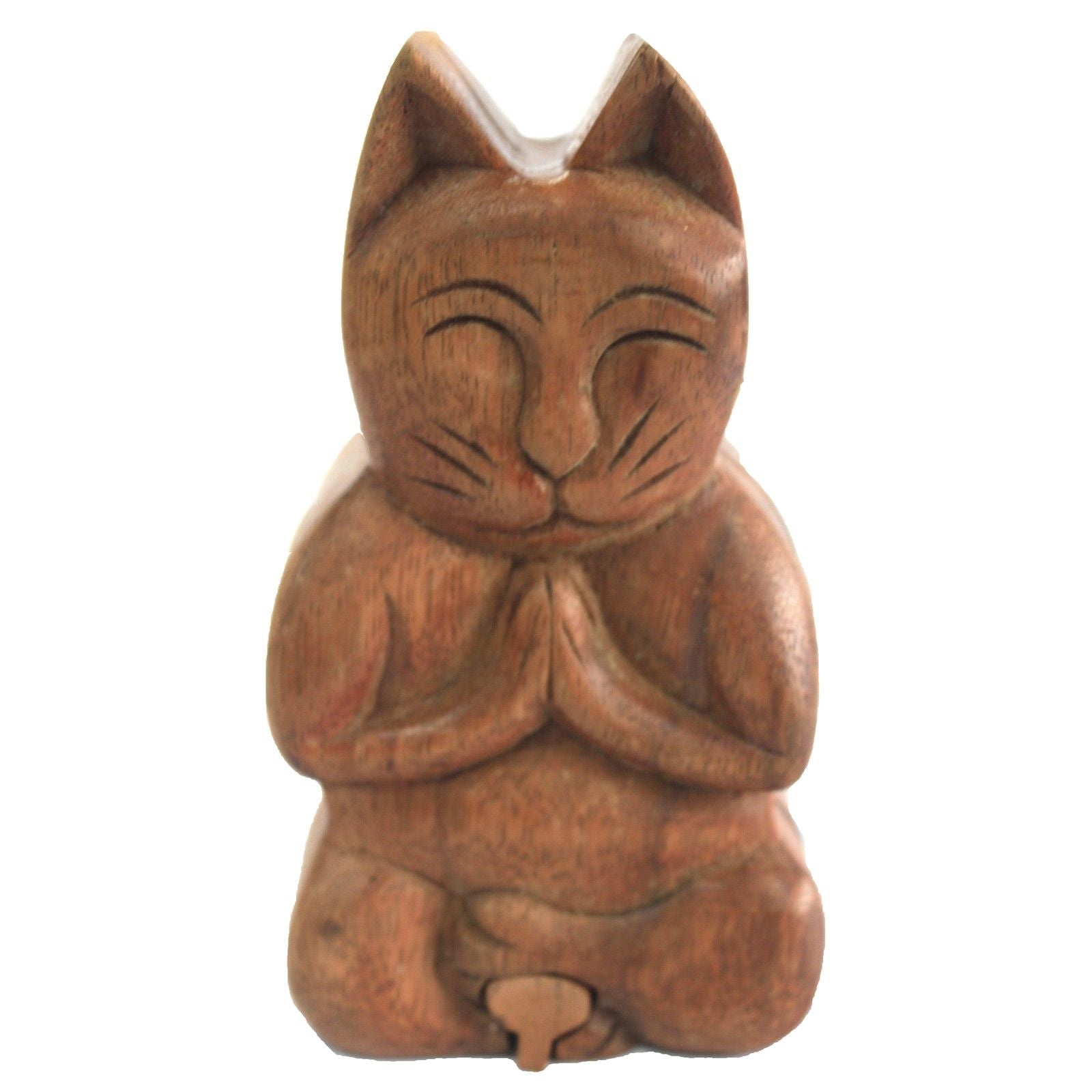 Caixa Secreta de Madeira Bali – Gato em Posição de Yoga