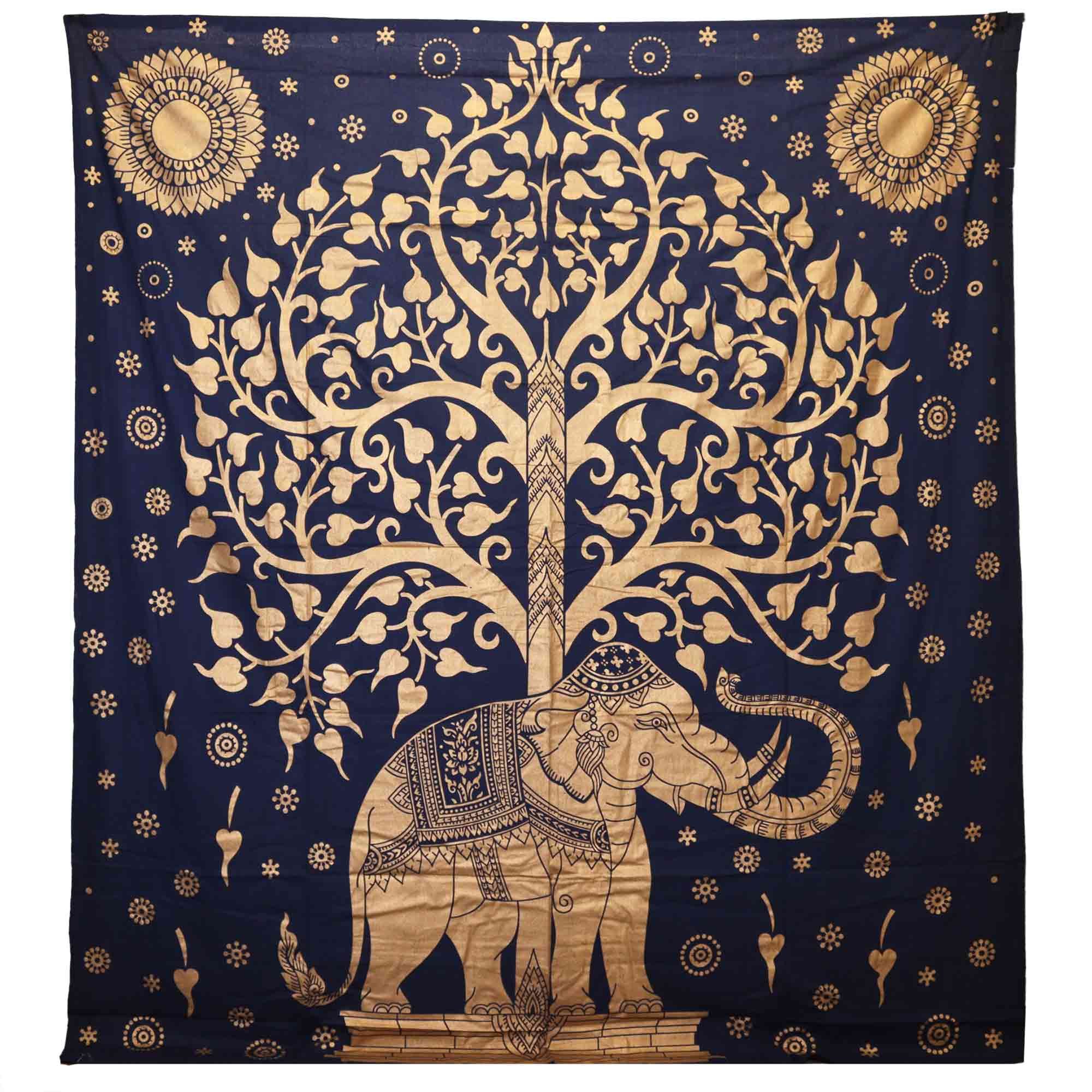 Colcha de Algodão Dupla com Tapeçaria de Parede Elefante e Árvore Azul e Dourado