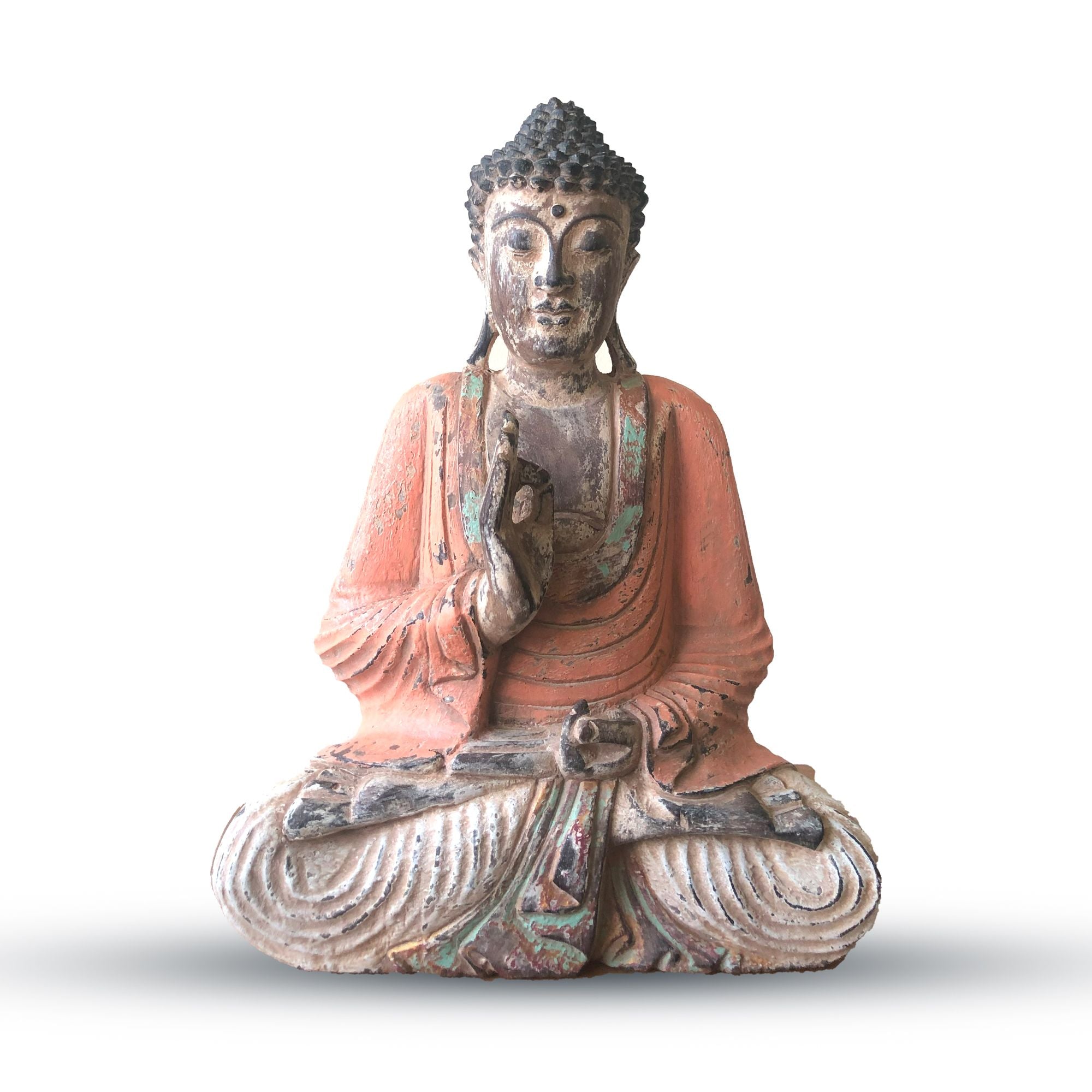 Estátua de Buda Vintage Laranja Esculpida à Mão – Transmissão do Ensinamento