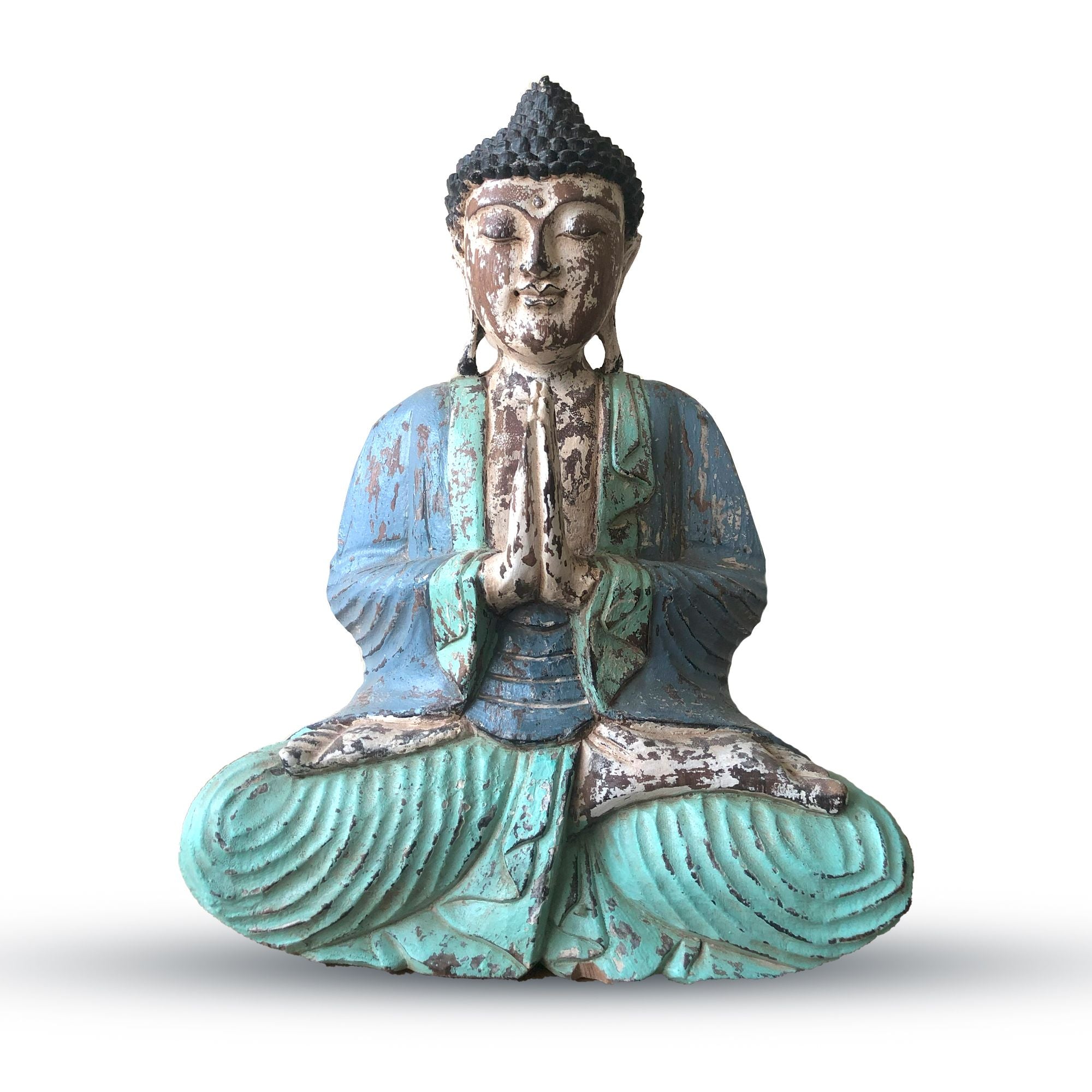 Estátua de Buda Vintage Azul-Menta Esculpida à Mão – Boas-Vindas