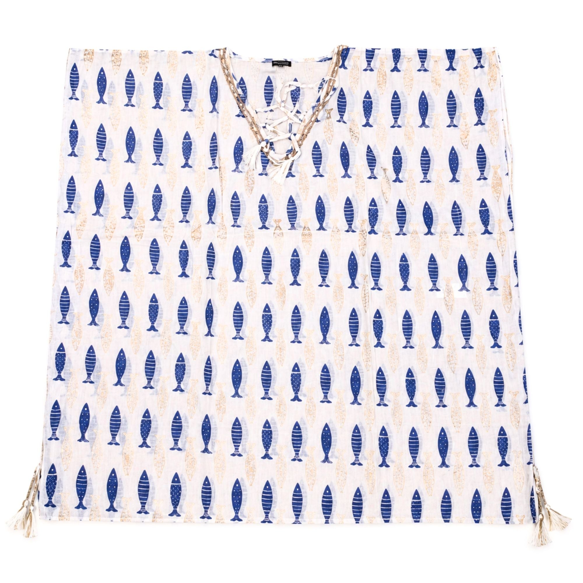 Kaftan Nomad Sari - Branco e Azul com Estampado de Peixes