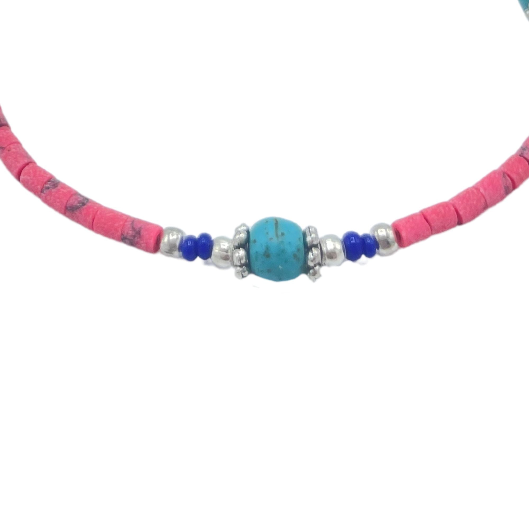Pulseira Nepalesa de Gemas Extrafinas - Contas de Coral Rosa e Turquesa