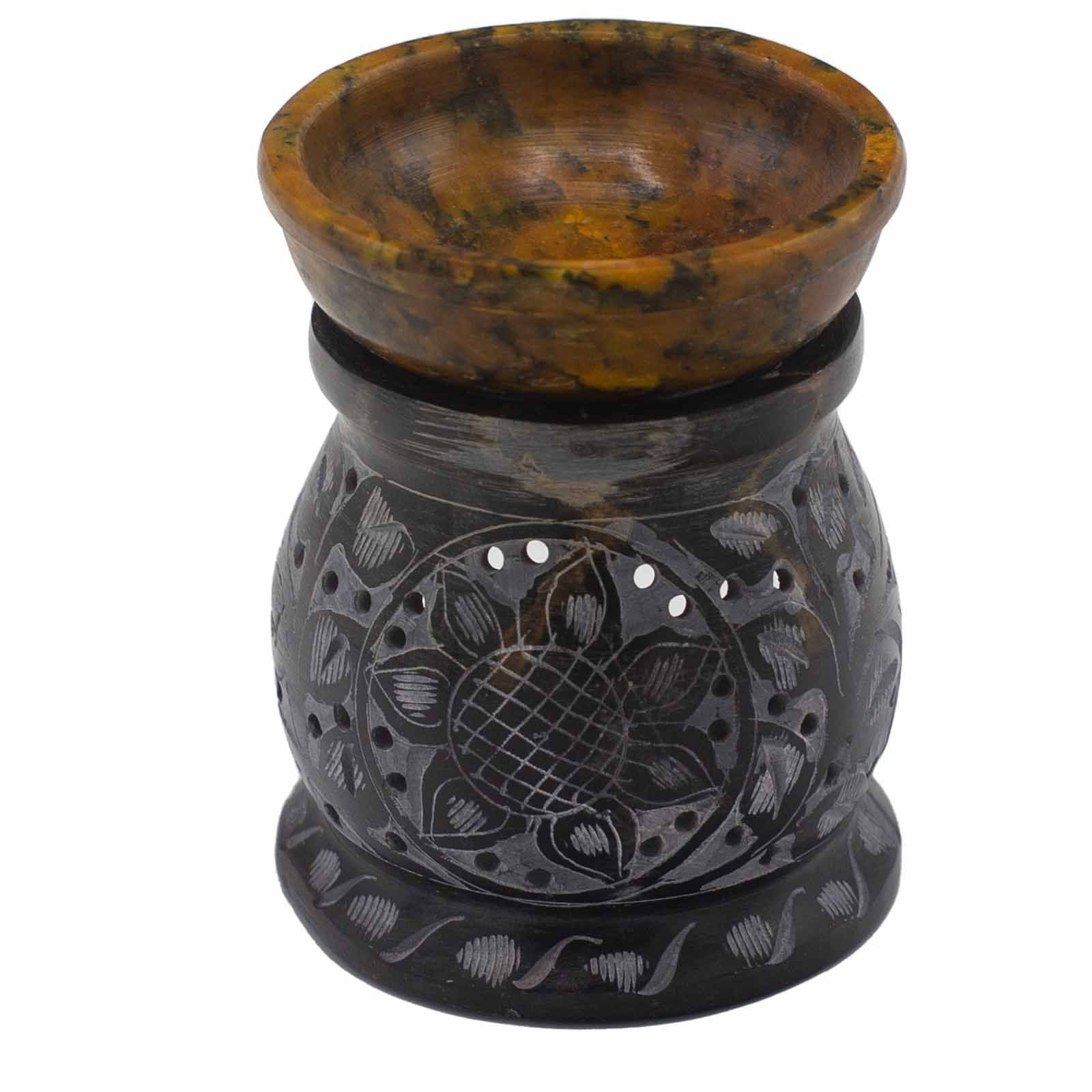 Queimador de Óleo em Esteatita – Flor de Mandala – Preto e Amarelo