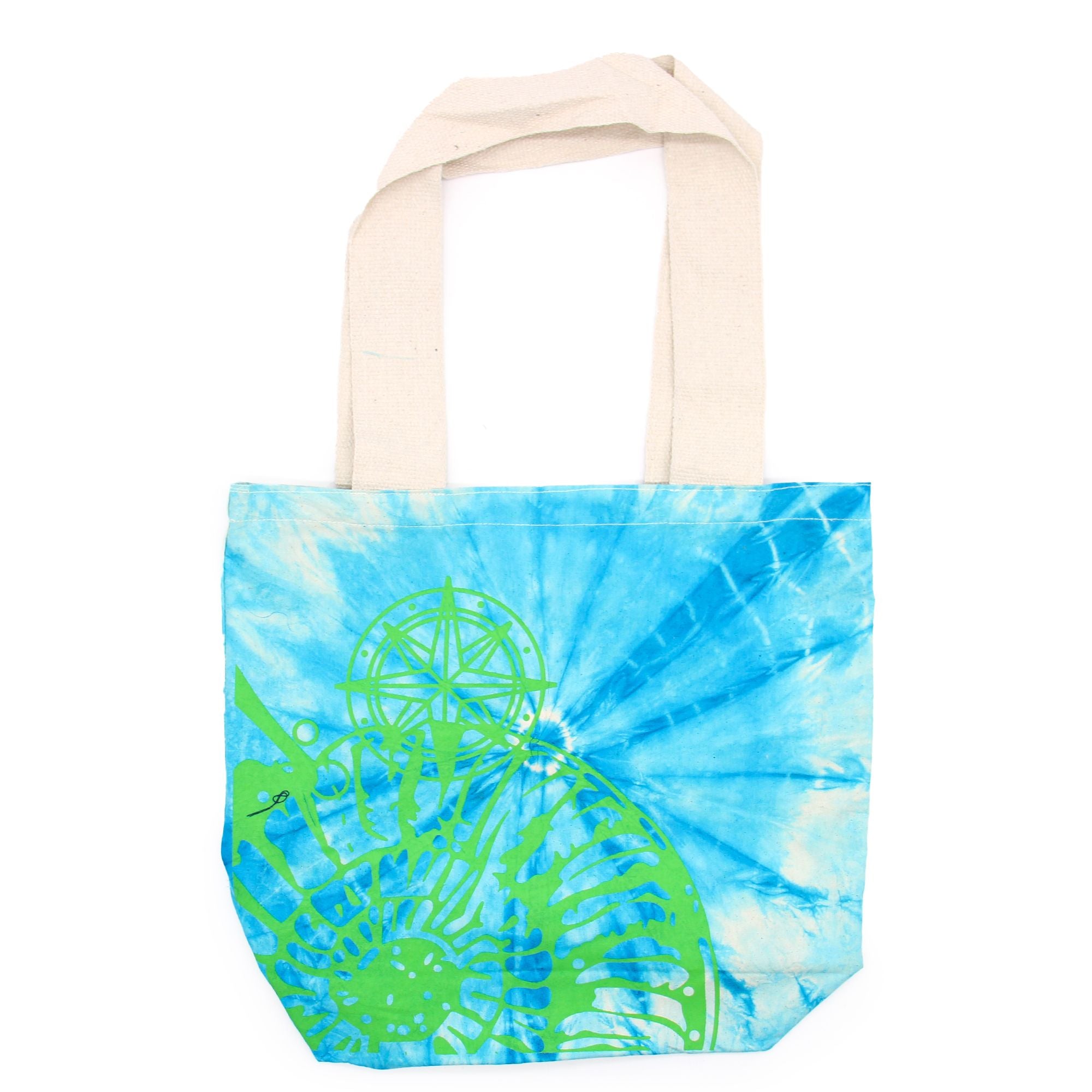 Bolsa de Algodão Tie Dye - Concha Marinha - Azul e Verde - Alça Verde