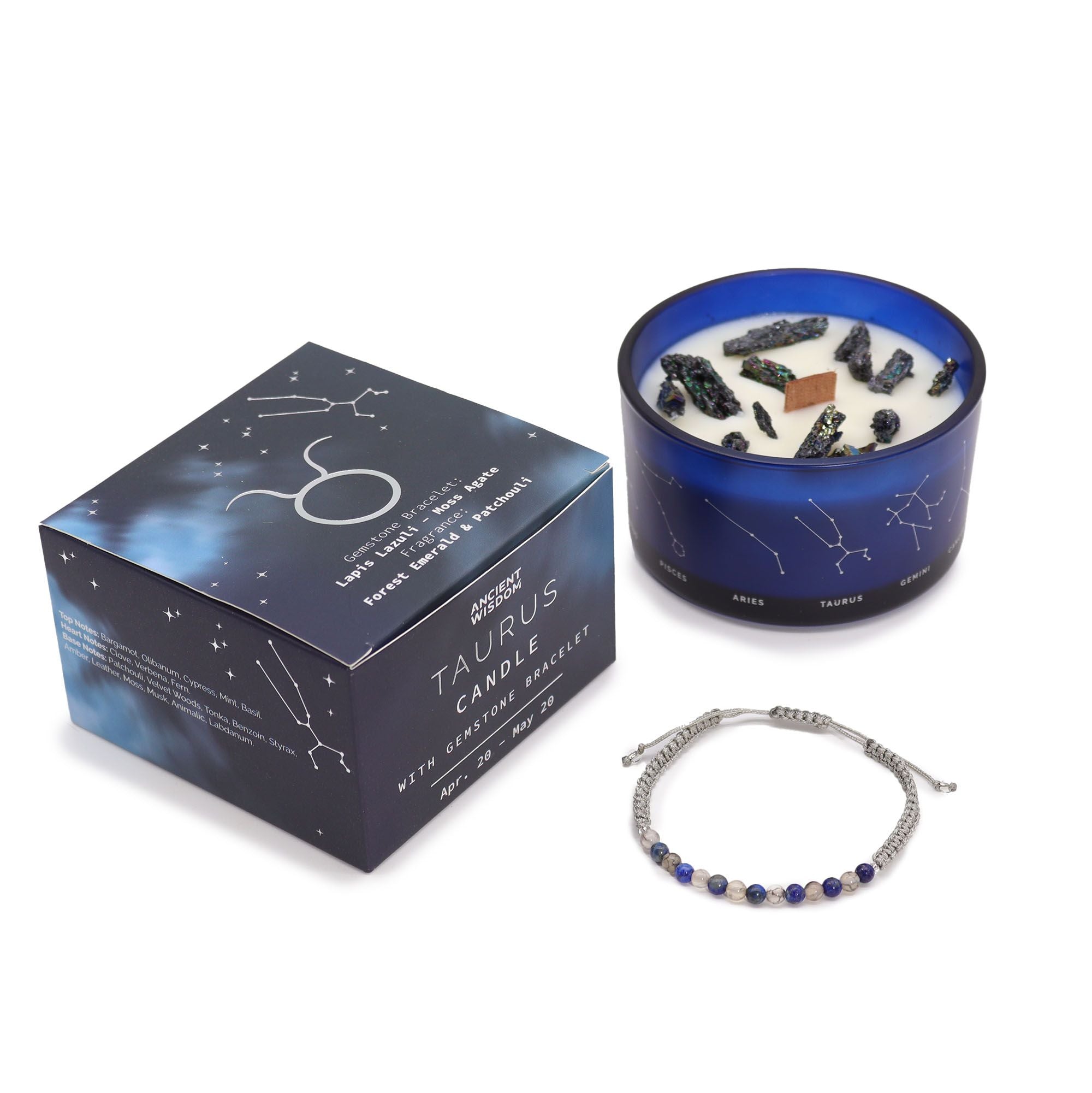 Vela de Cristal do Zodíaco com Pulseira de Pedras Naturais Touro