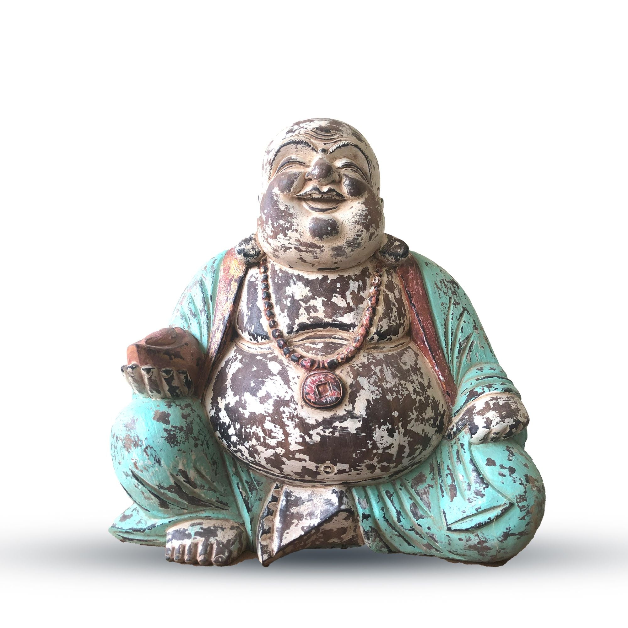 Estátua de Buda Vintage Verde-Menta Esculpida à Mão – Buda Feliz