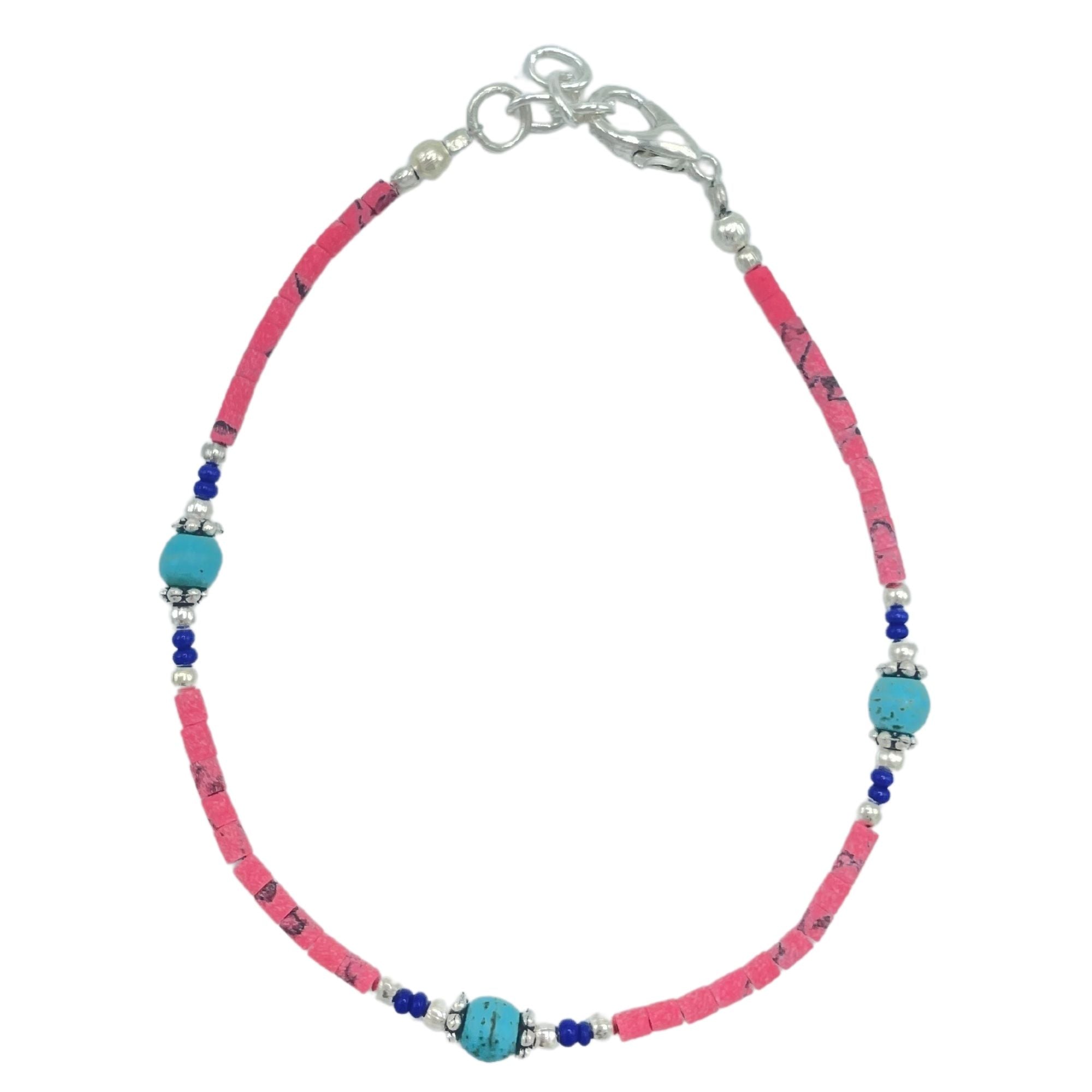 Pulseira Nepalesa de Gemas Extrafinas - Contas de Coral Rosa e Turquesa