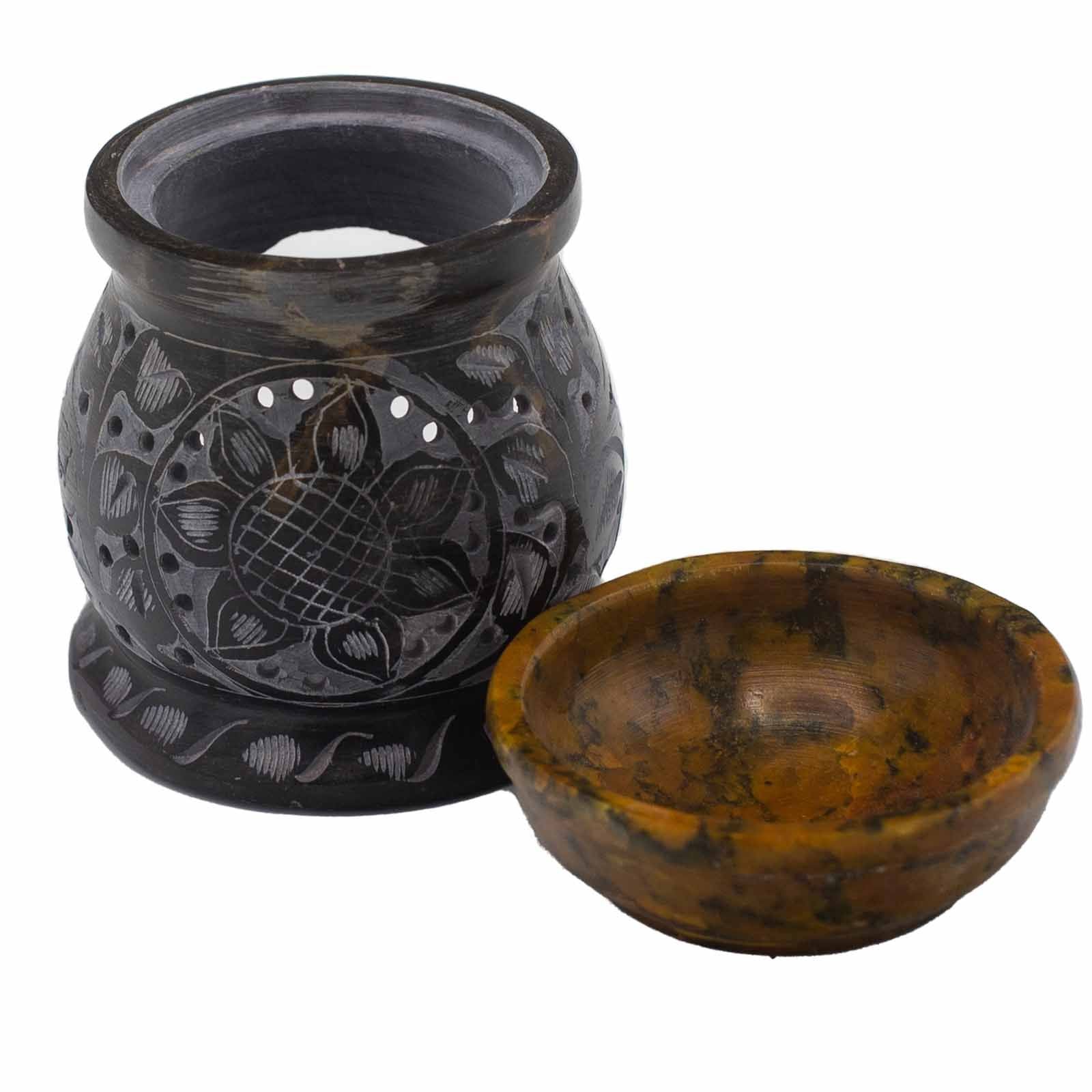 Queimador de Óleo em Esteatita – Flor de Mandala – Preto e Amarelo