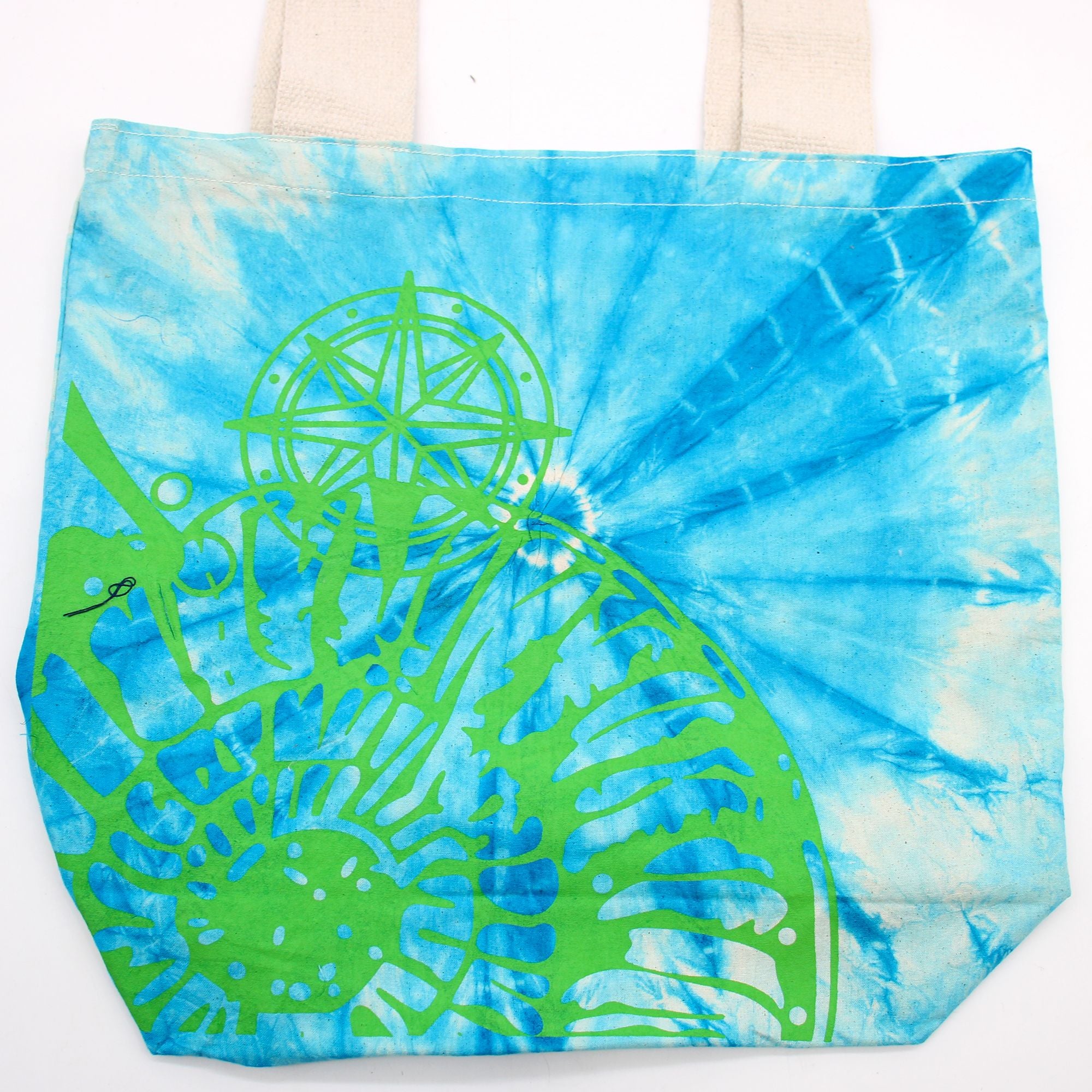 Bolsa de Algodão Tie Dye - Concha Marinha - Azul e Verde - Alça Verde