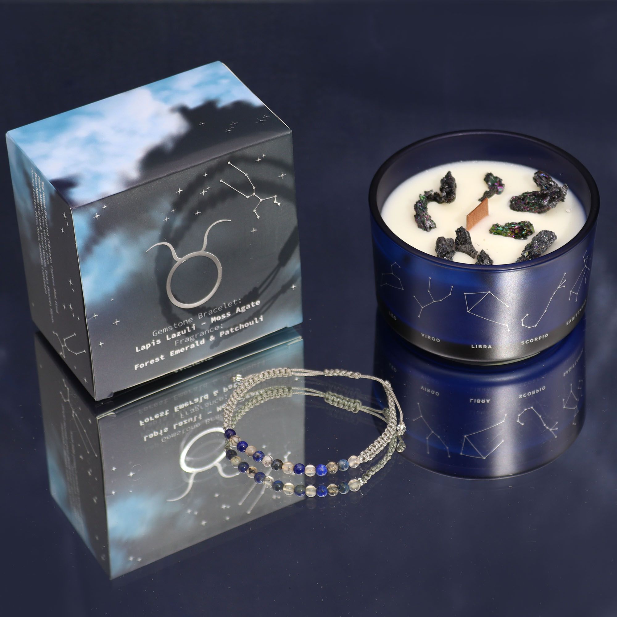 Vela de Cristal do Zodíaco com Pulseira de Pedras Naturais Touro