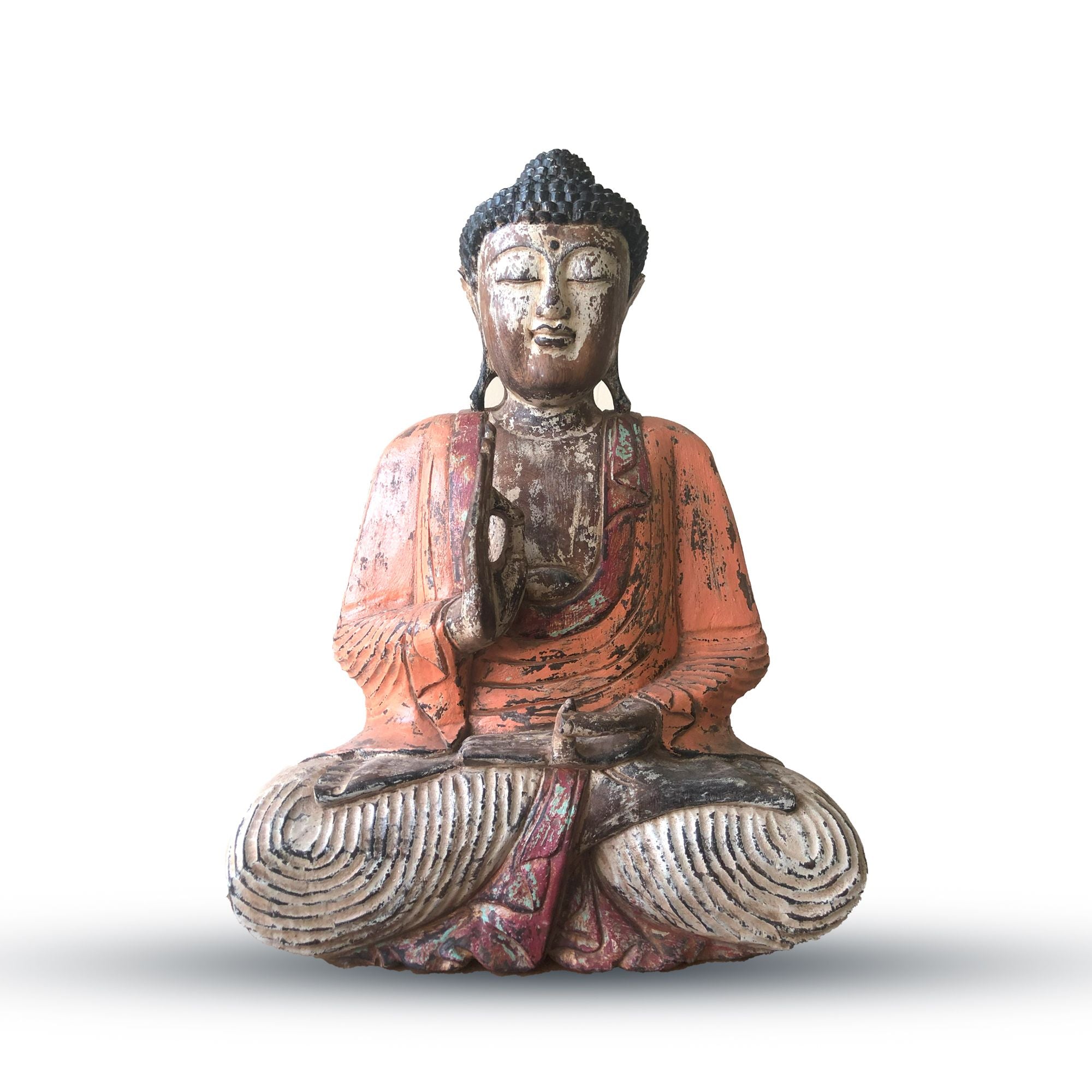 Estátua de Buda Vintage Laranja Esculpida à Mão – Transmissão do Ensinamento