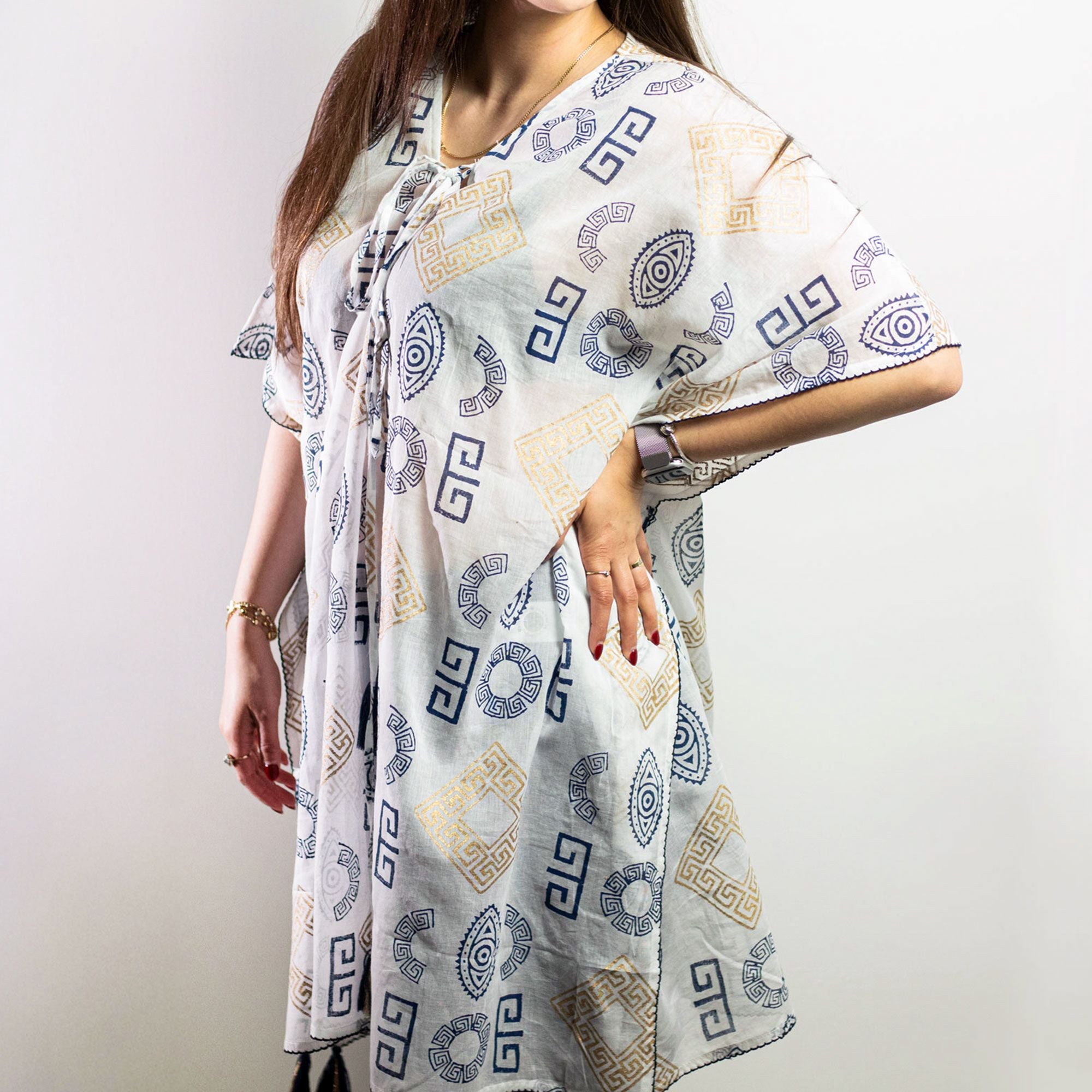 Kaftan Nomad Sari Mediterrâneo - Grego Dourado e Azul