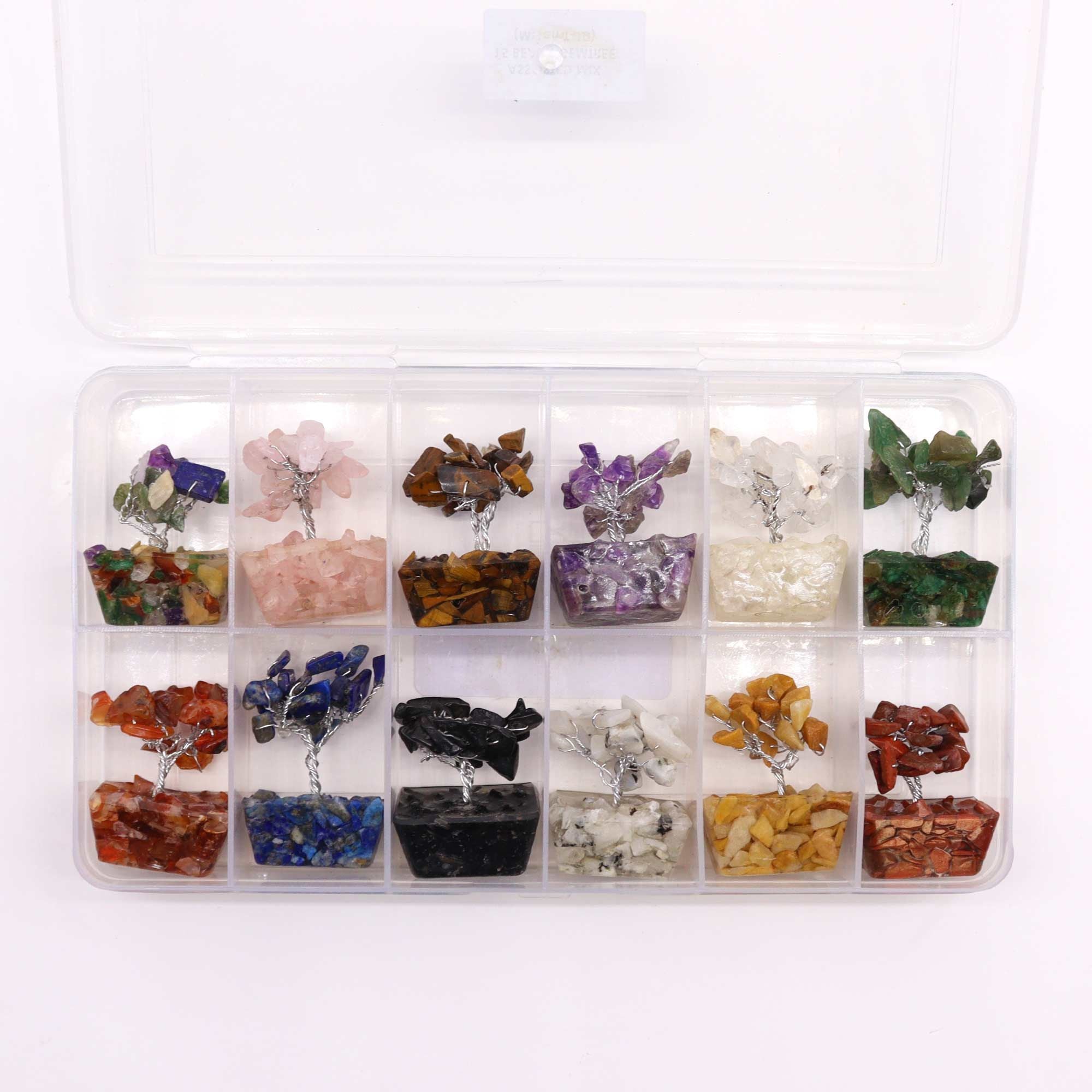 12 Mini Árboles de Piedras Naturales Base Orgonita Mezcla Surtida (15 Piedras)