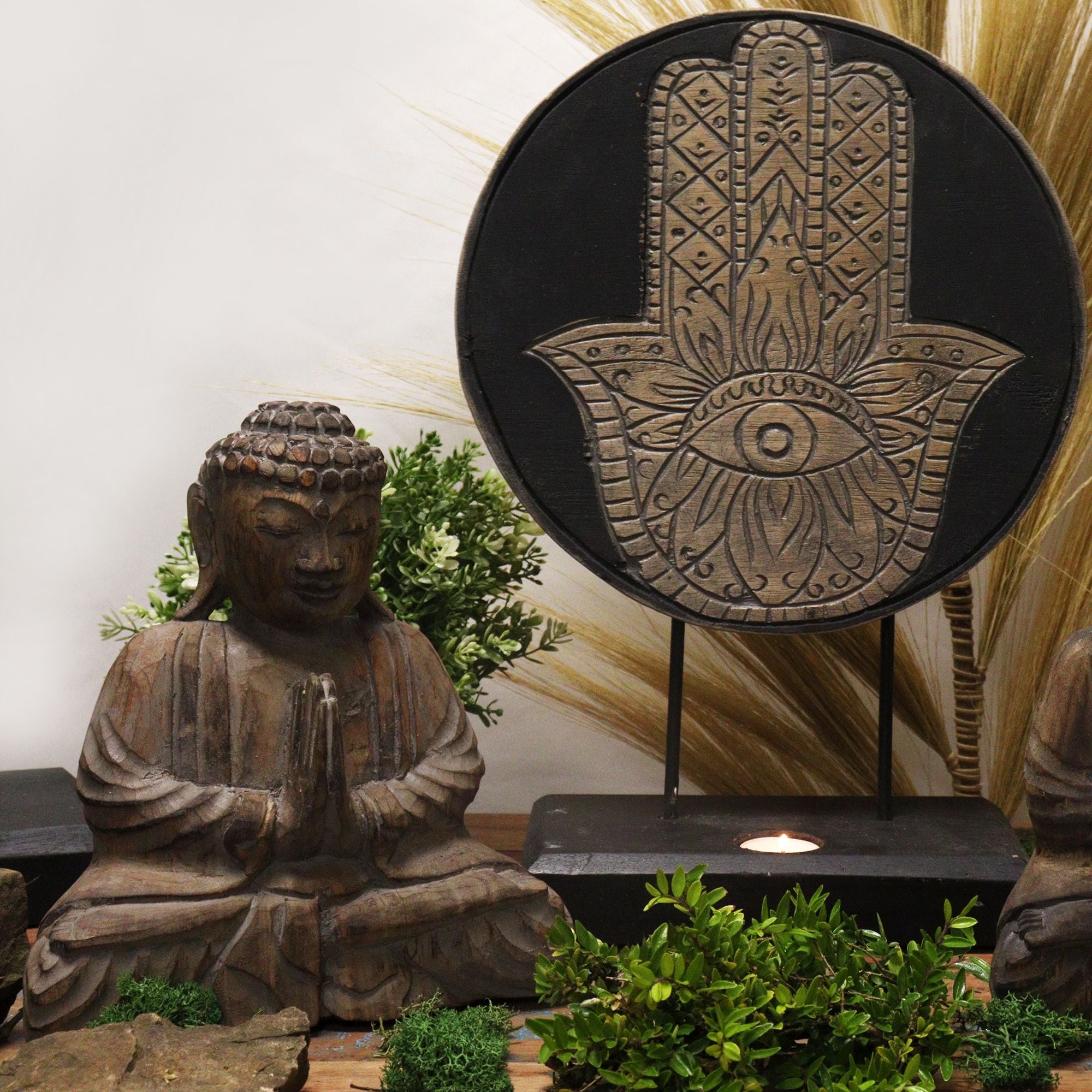 Conjunto Feng Shui Buda Hamsa Cinzento