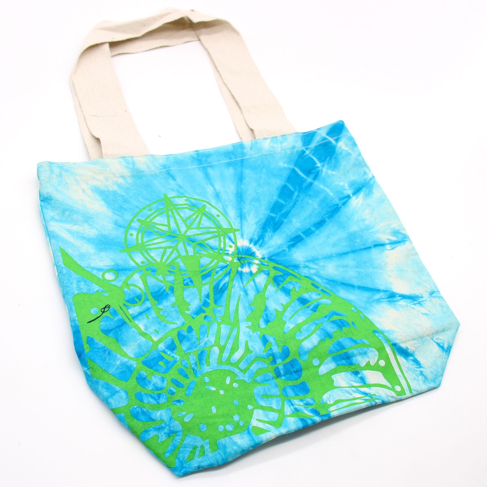 Bolsa de Algodão Tie Dye - Concha Marinha - Azul e Verde - Alça Verde