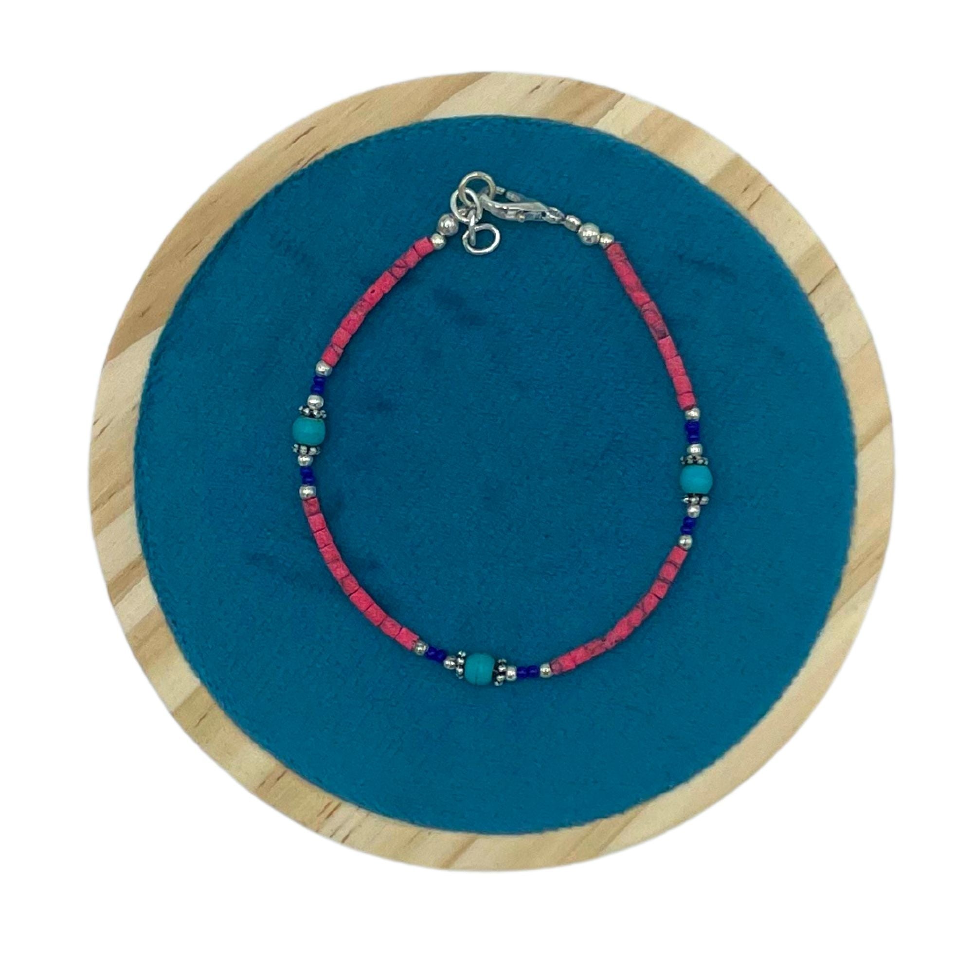 Pulseira Nepalesa de Gemas Extrafinas - Contas de Coral Rosa e Turquesa
