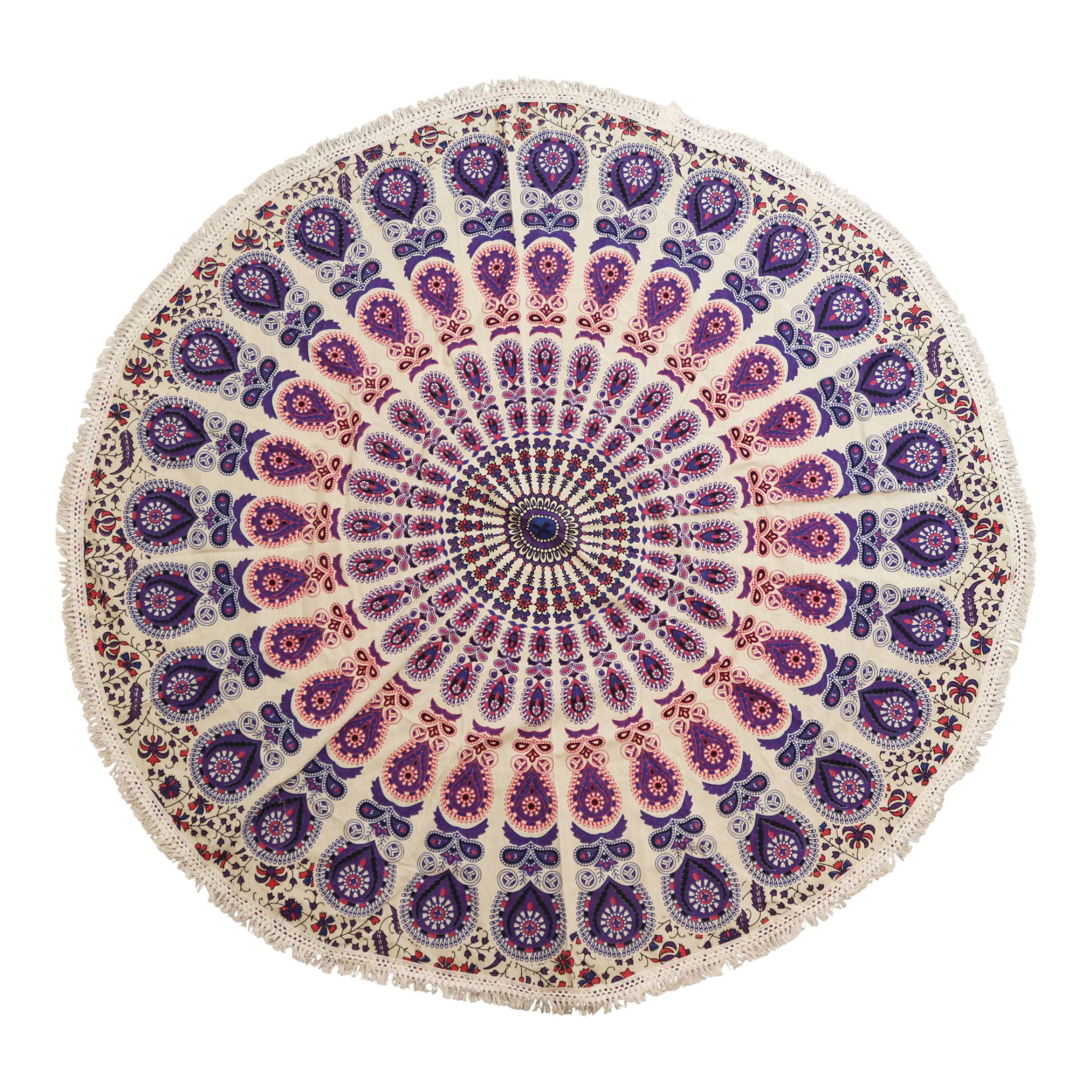 Mandala Redonda em Algodão Tons Púrpura Pavão