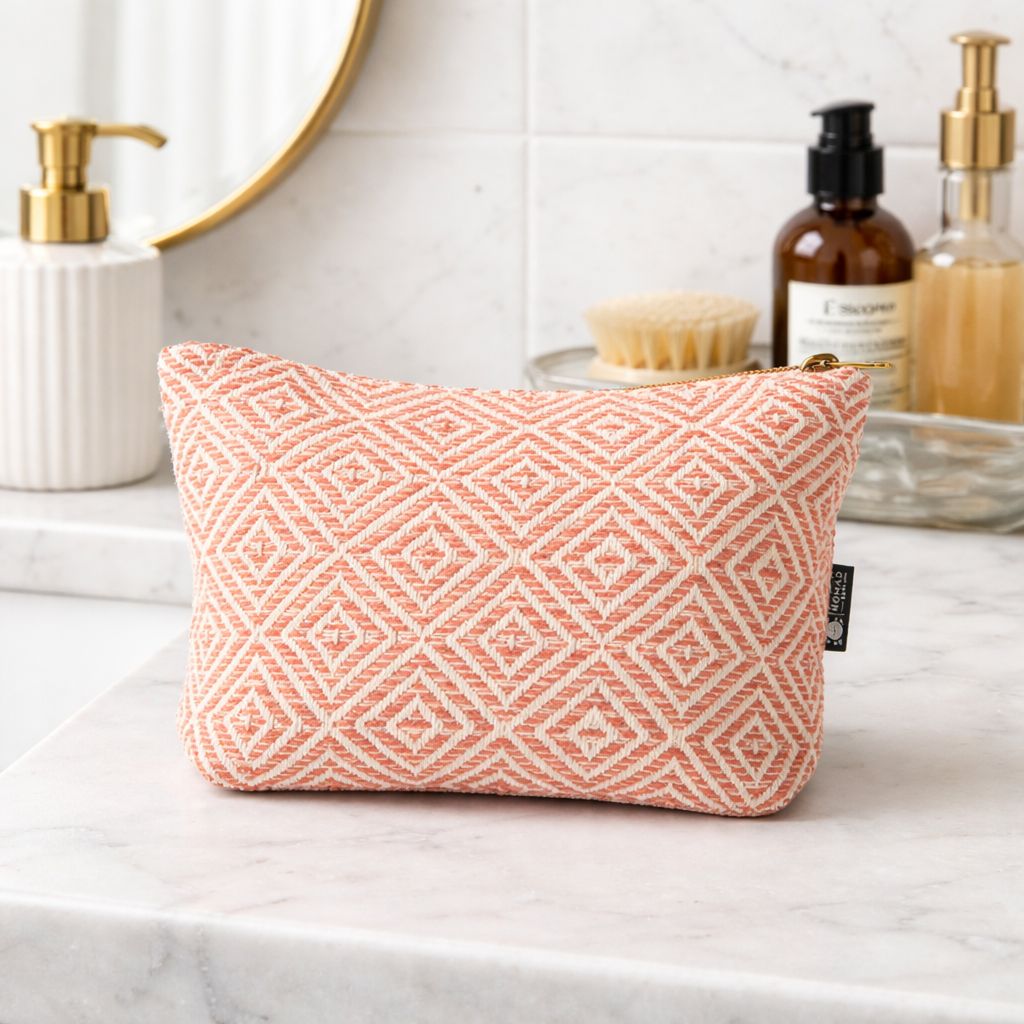 Necessaire em Tecido Jacquard Indiano - Padrão Coral Geométrico