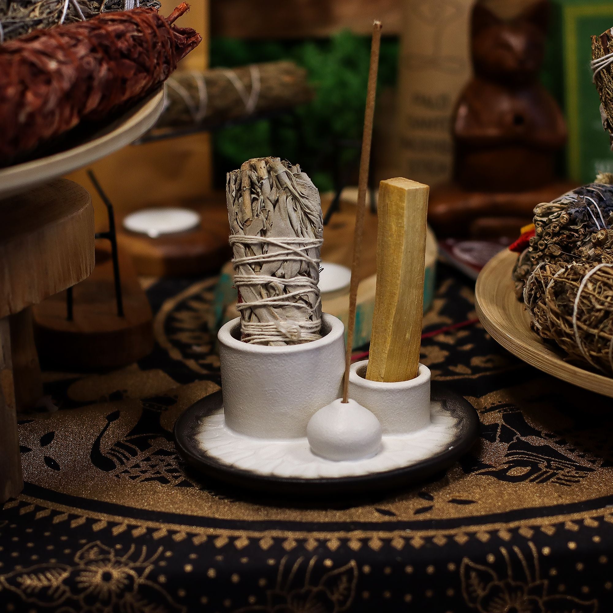 Suporte Cerâmico para Pau Santo e Incenso Mandala Branco e Cinzento