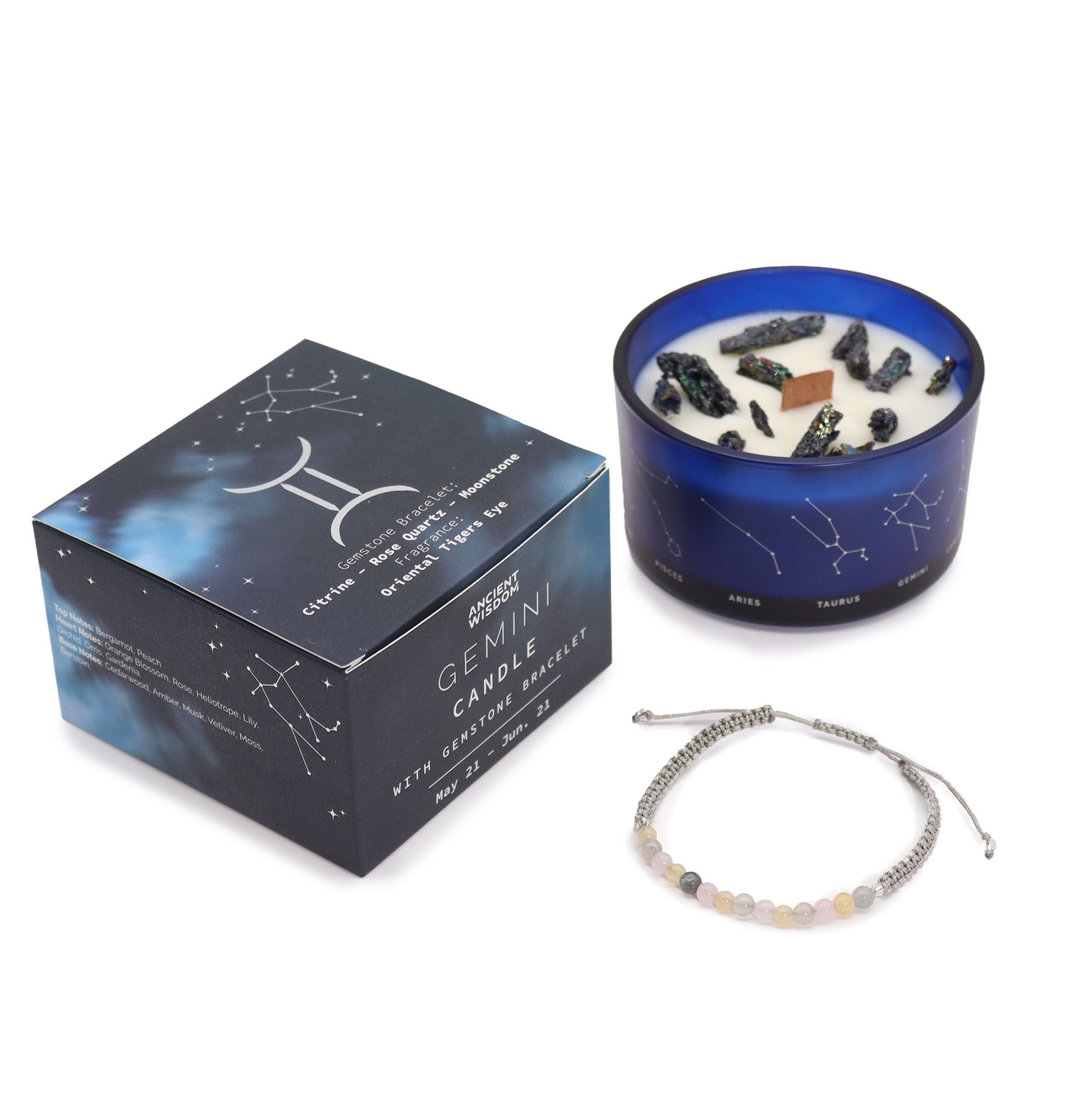 Vela de Cristal do Zodíaco com Pulseira de Pedras Naturais Gémeos