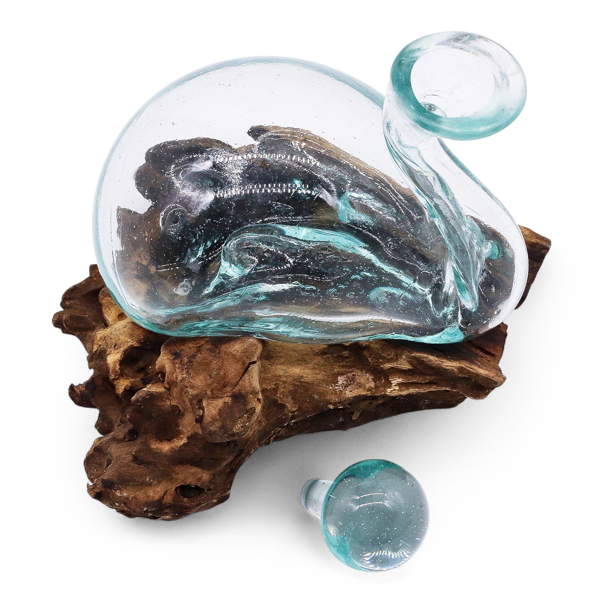 Duck-shaped decanter in cast glass on a wooden base