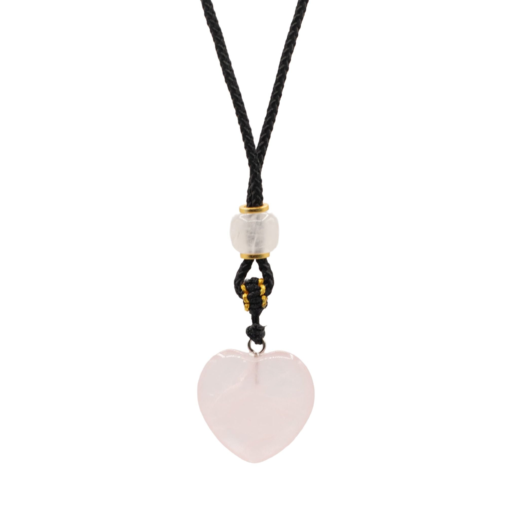 Colar com Cordão e Pendente de Pedra Preciosa - Coração de Quartzo Rosa