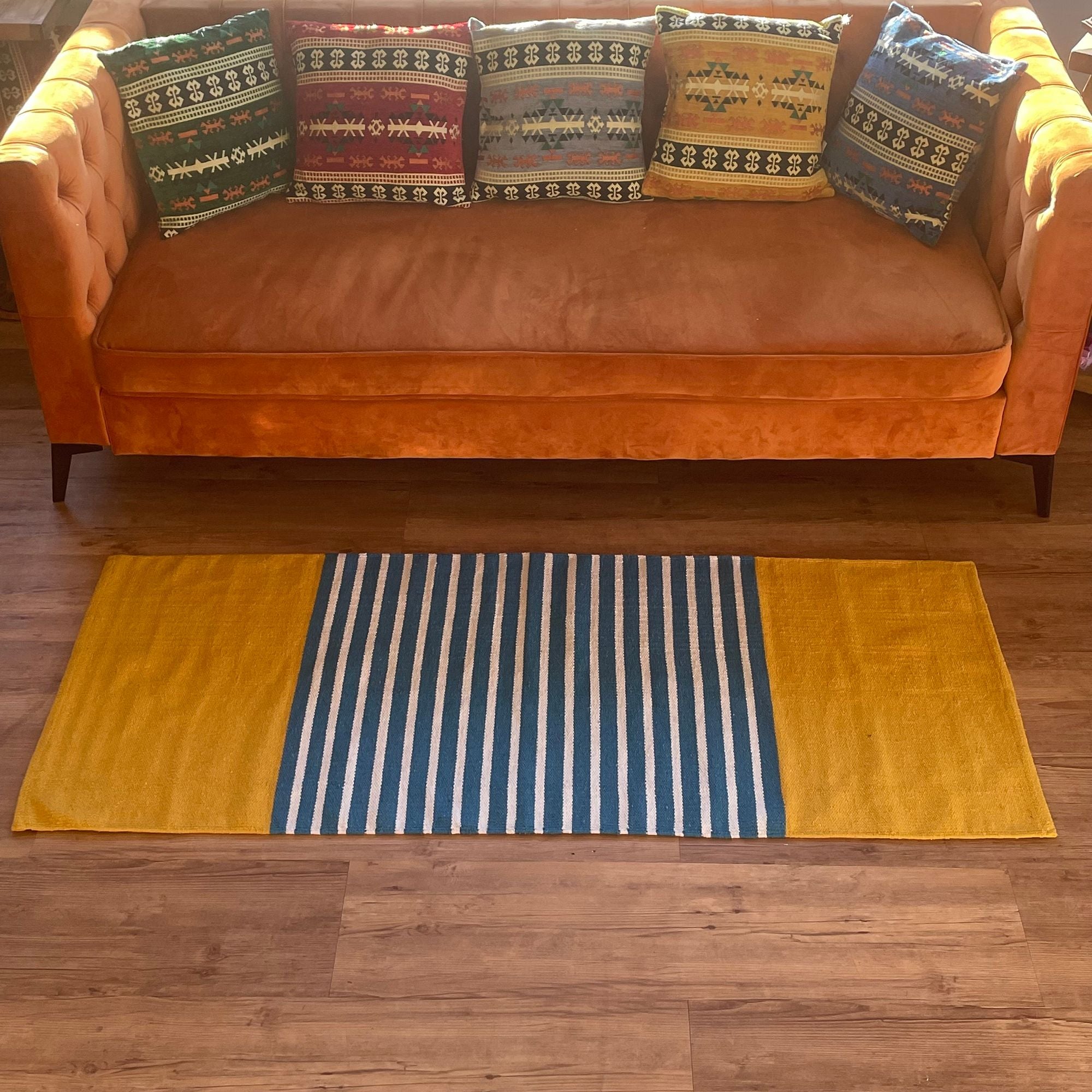 Tapete Indiano em Algodão Amarelo e Azul