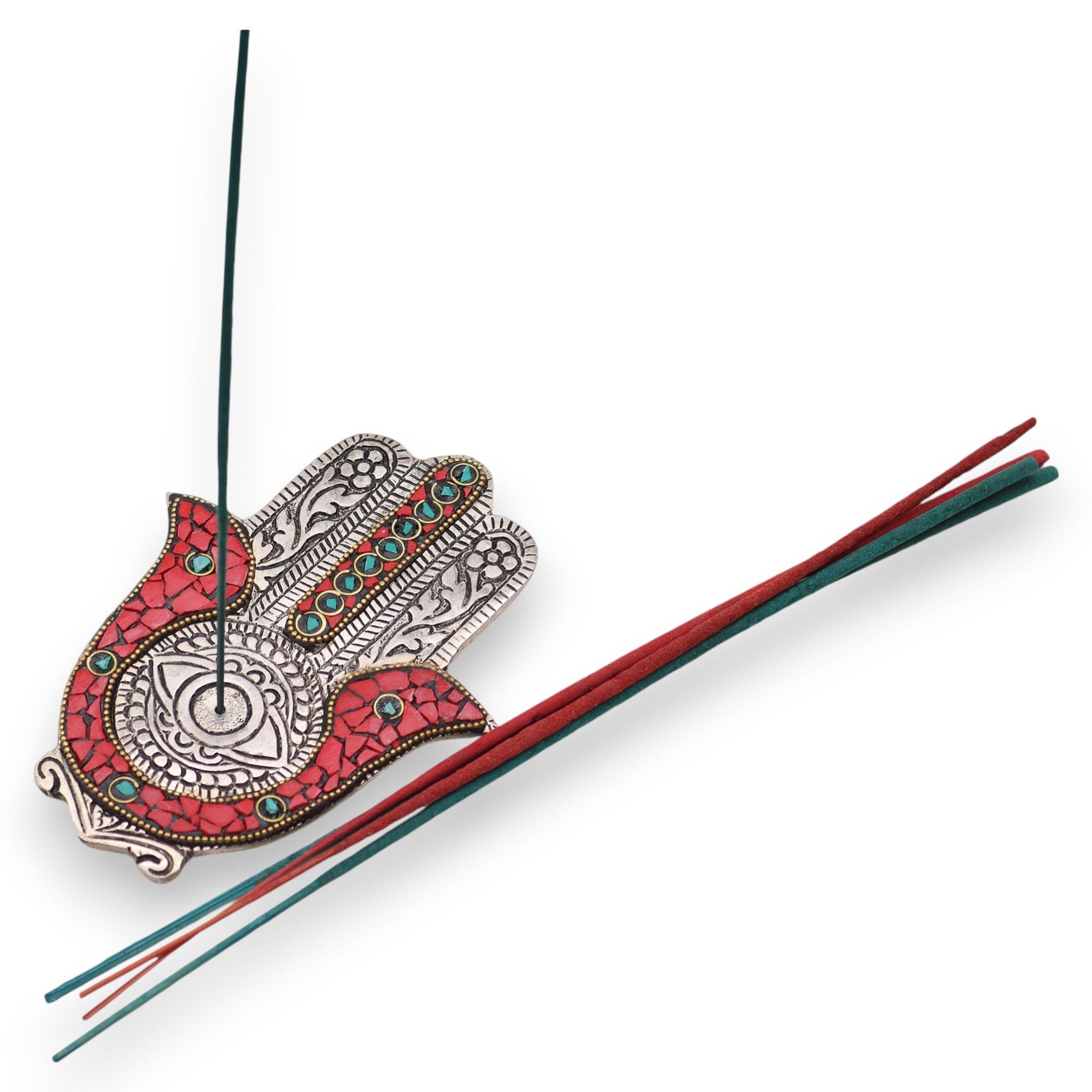 Suporte de Incenso Hamsa Pequeno Vermelho e Verde
