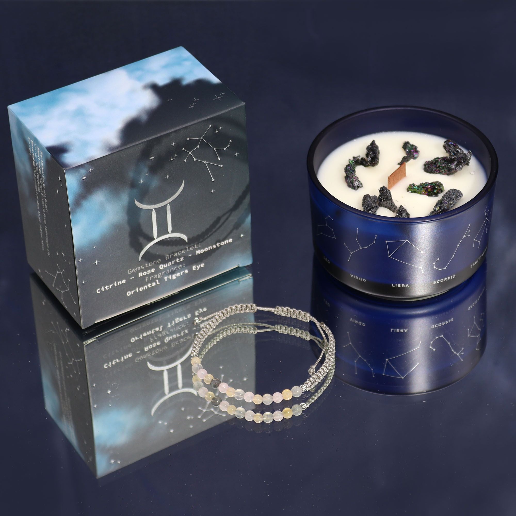 Vela de Cristal do Zodíaco com Pulseira de Pedras Naturais Gémeos