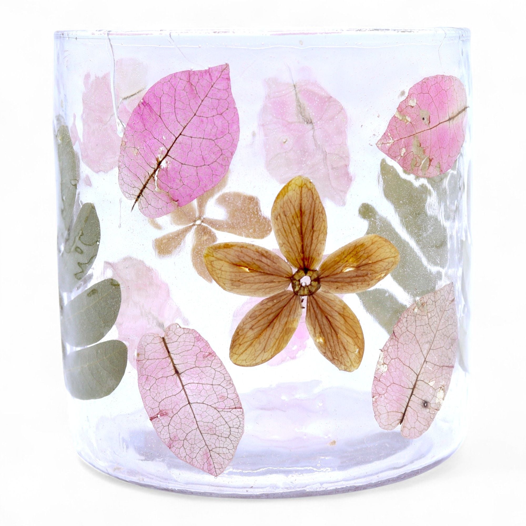 Castiçal de Vidro Floral Natural Cilíndrico Primavera 8 x 8 cm
