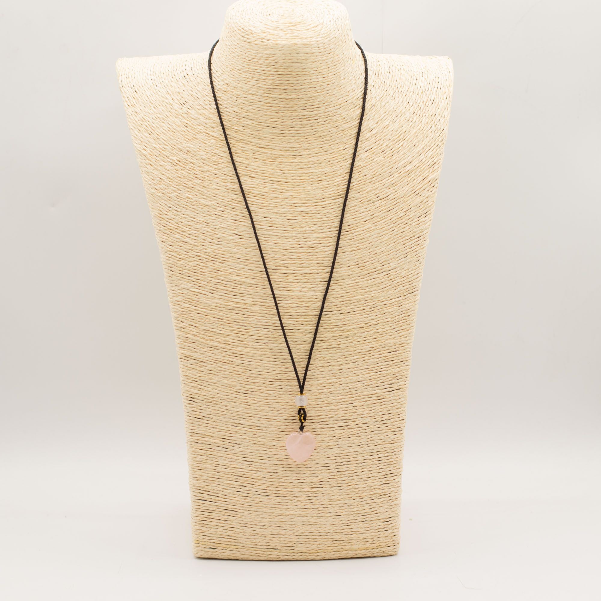 Colar com Cordão e Pendente de Pedra Preciosa - Coração de Quartzo Rosa