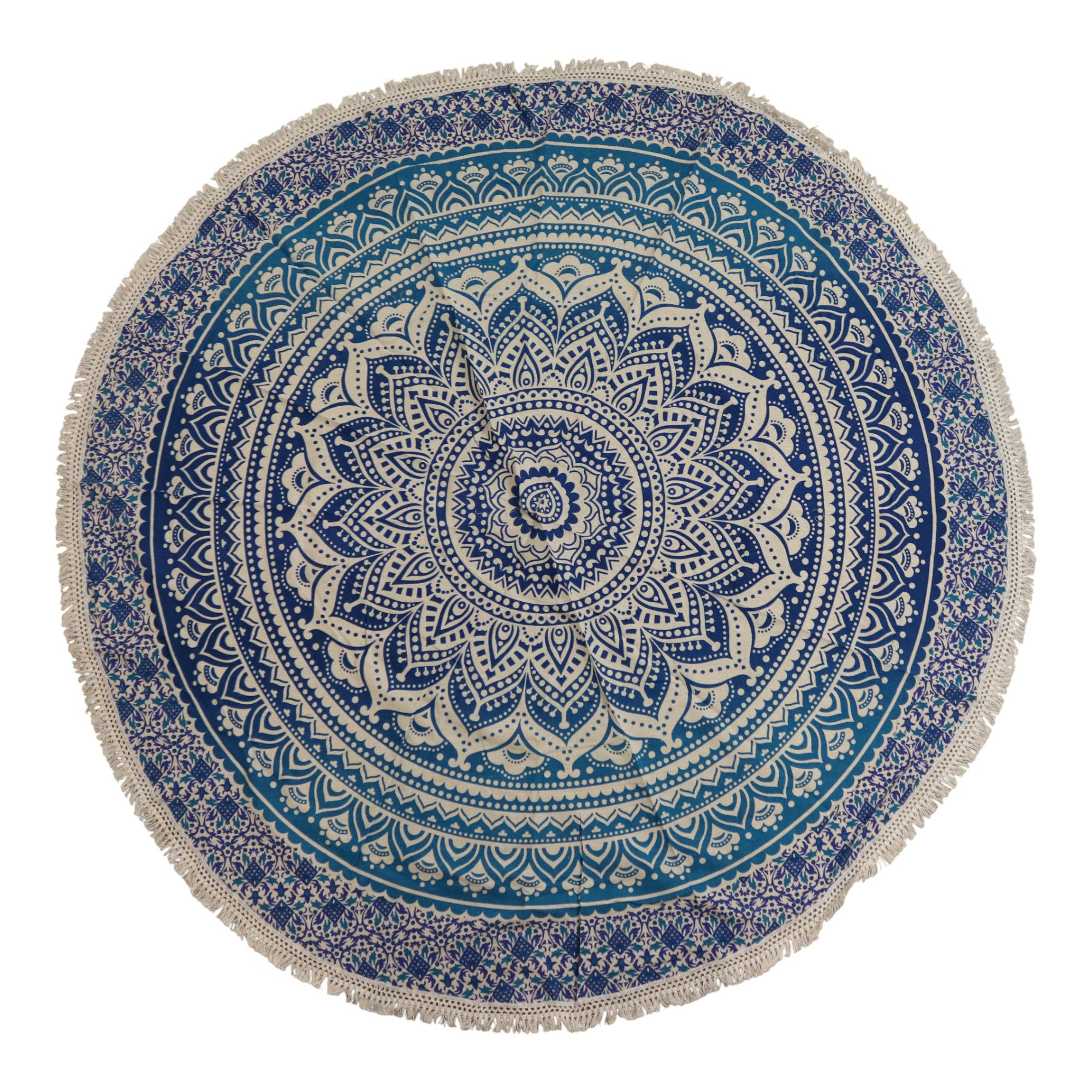 Mandala Redonda em Algodão Azul Clássico
