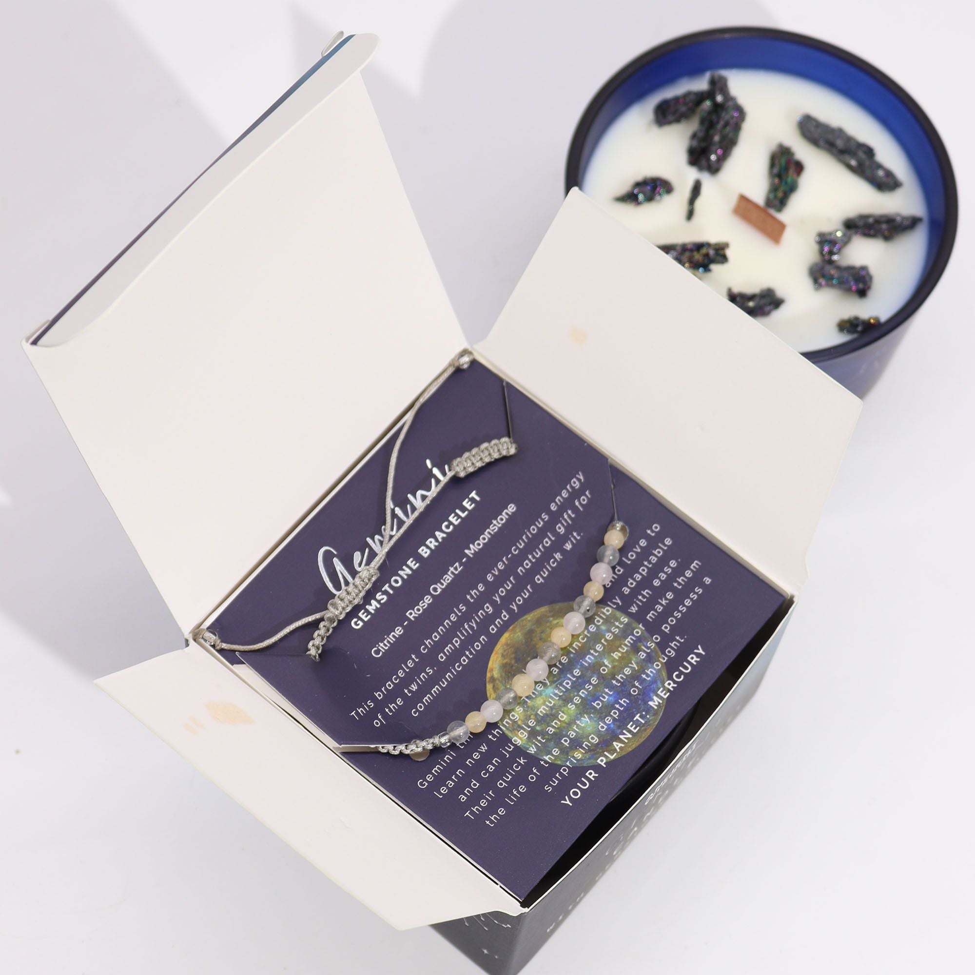 Vela de Cristal do Zodíaco com Pulseira de Pedras Naturais Gémeos