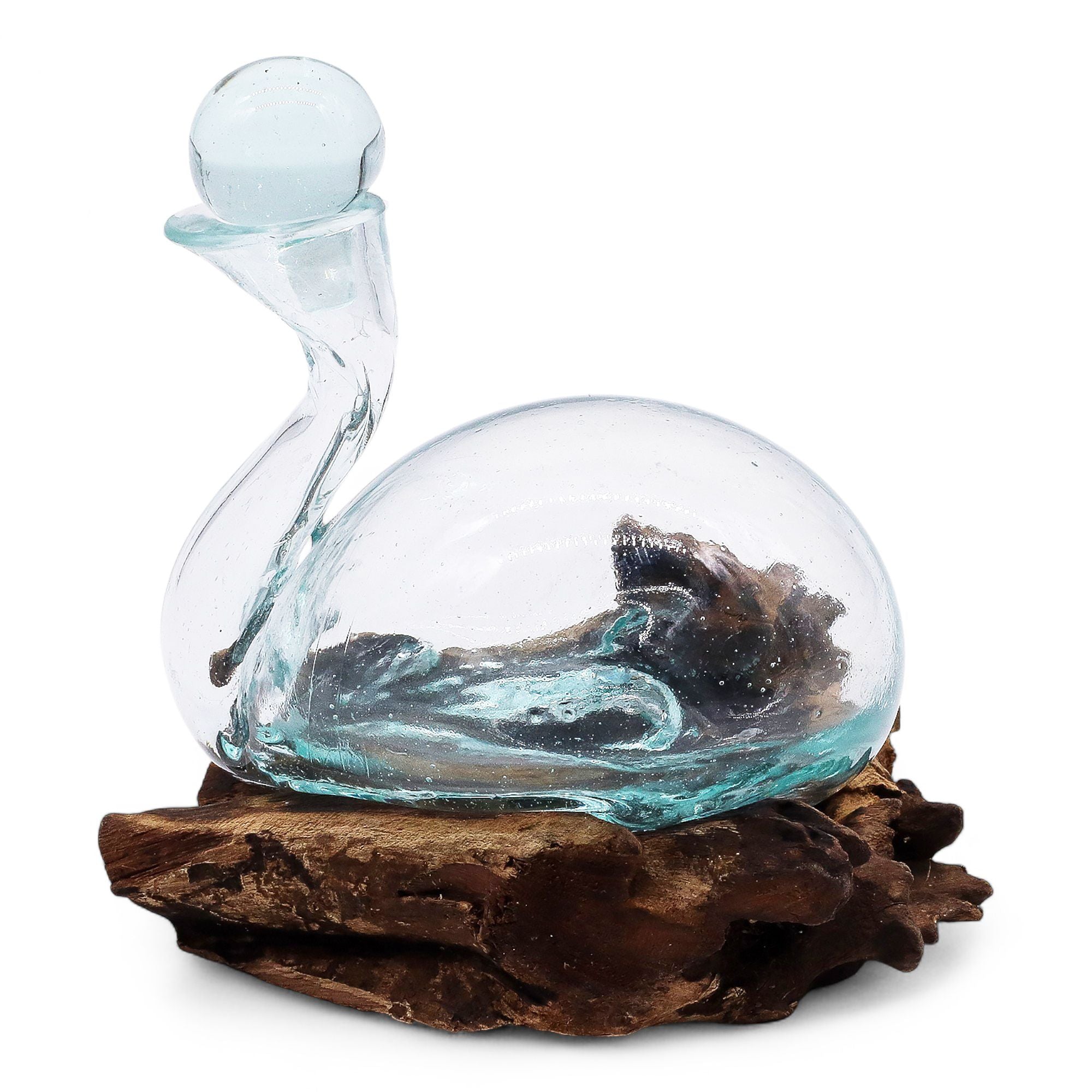 Duck-shaped decanter in cast glass on a wooden base