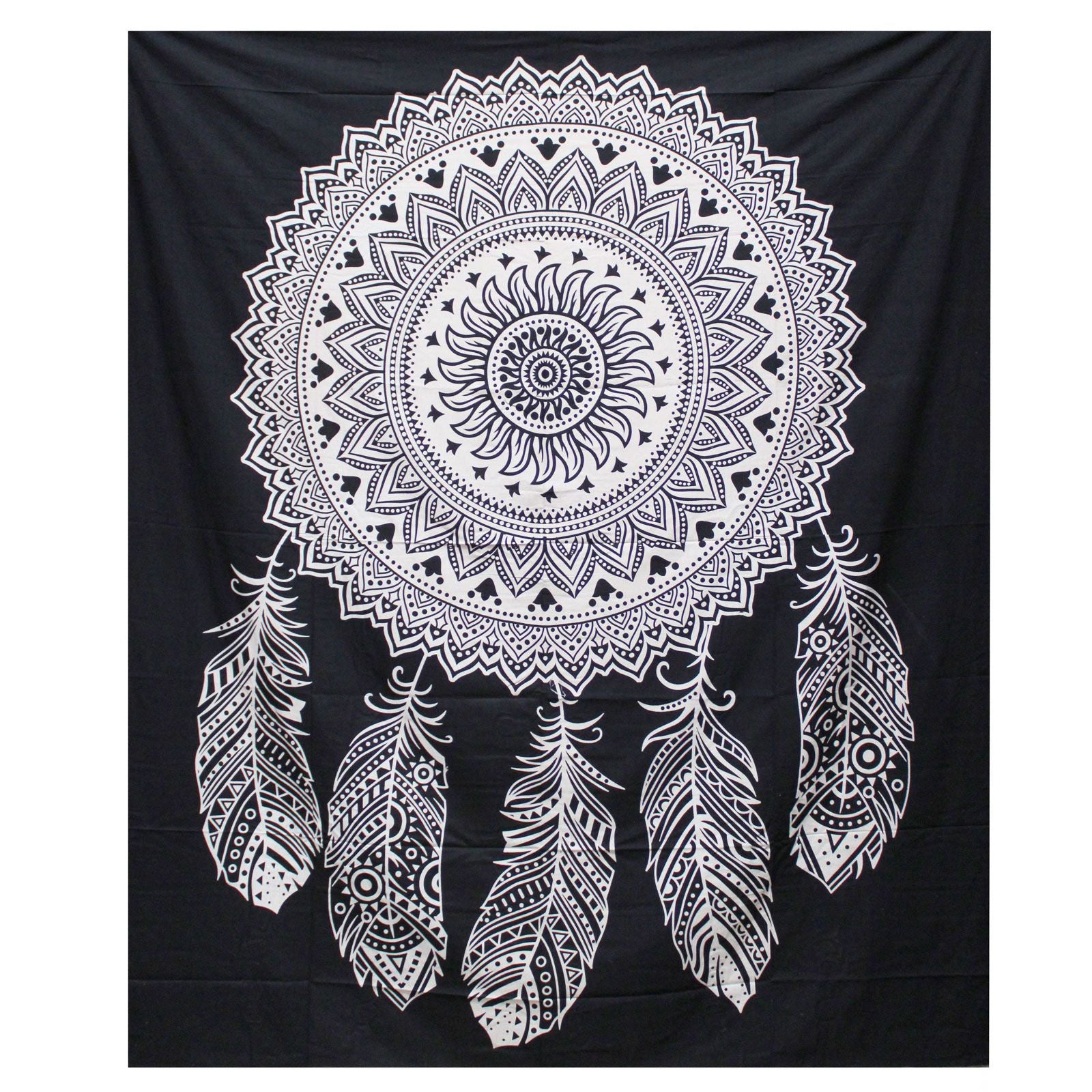 Colcha de Algodão Dupla Preto e Branco com Tapeçaria Apanhador de Sonhos