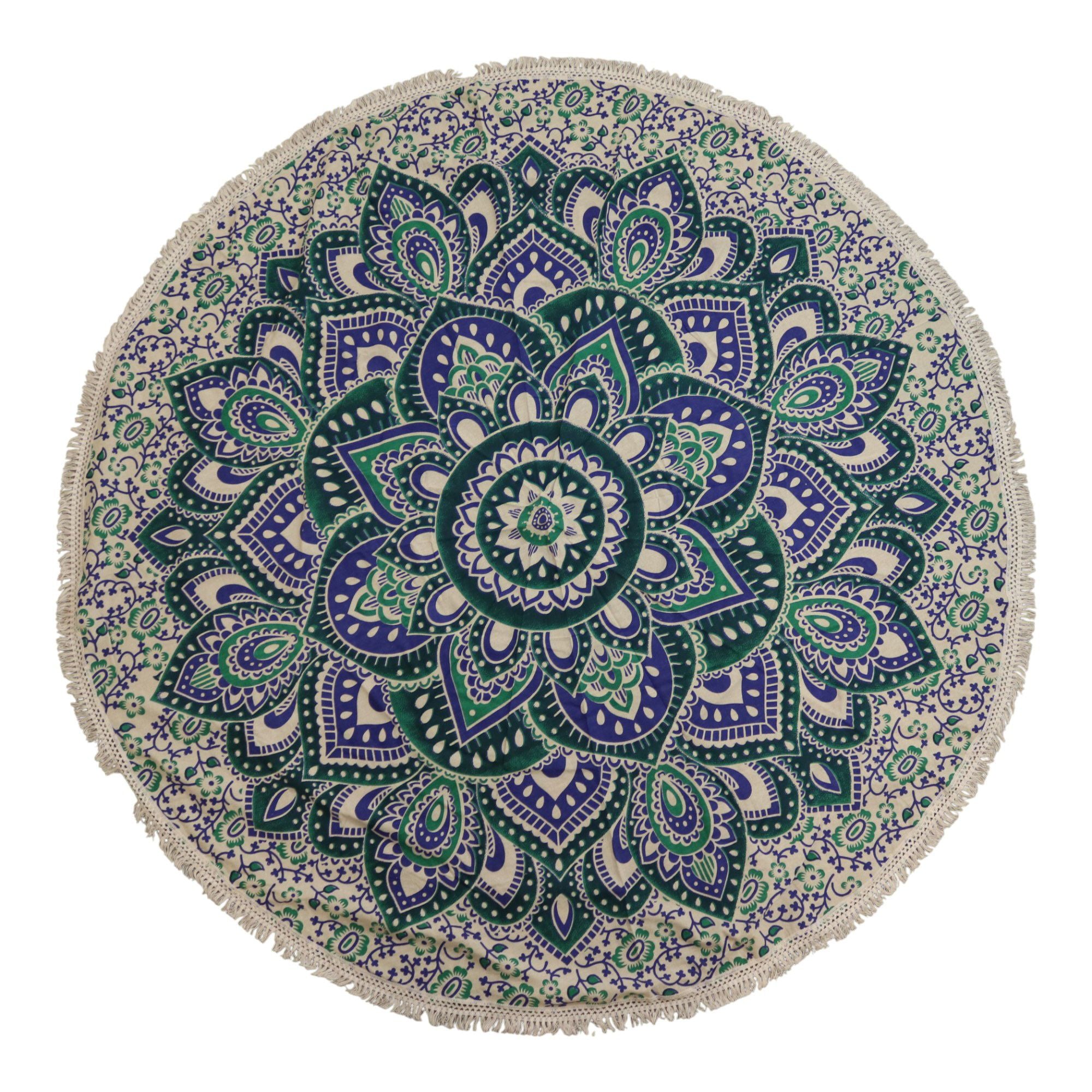Mandala Redonda em Algodão Turquesa e Azul