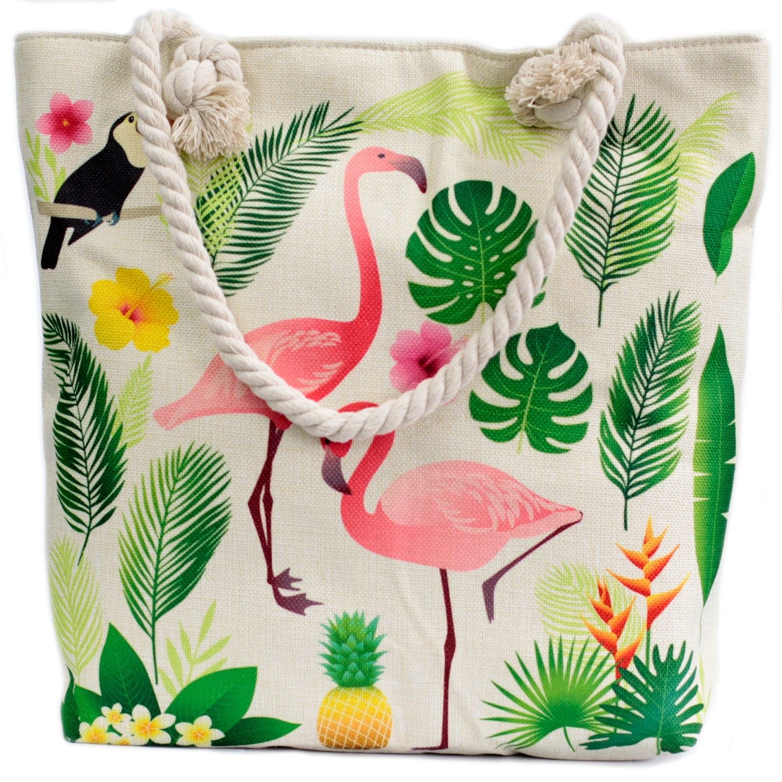 Bolsa shopper com alça de corda - Flamingo tropical