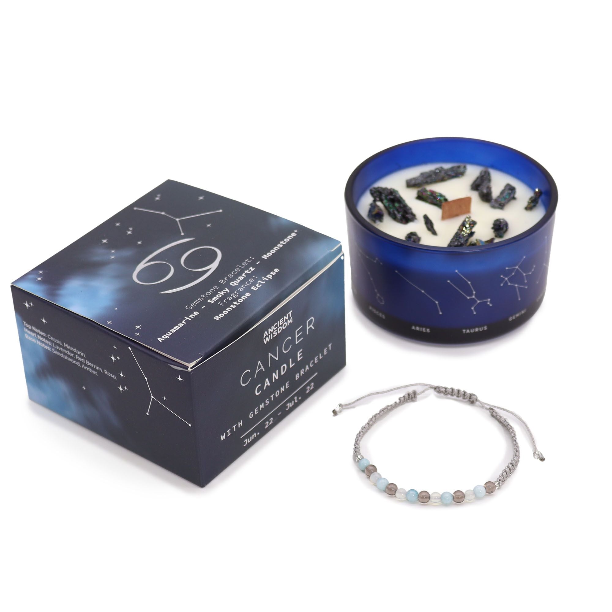 Vela de Cristal do Zodíaco com Pulseira de Pedras Naturais Caranguejo
