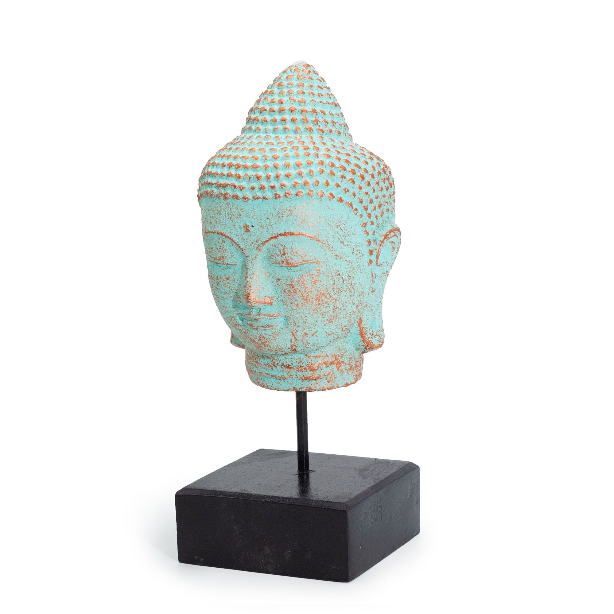 Cabeça de Buda em Repouso com Suporte – Cobre Verde