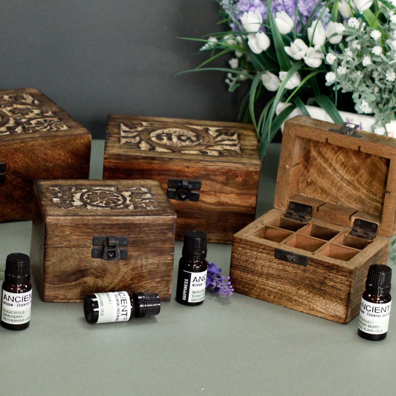Caja de aceites esenciales de mango - Floral (Capacidad 32 frascos)