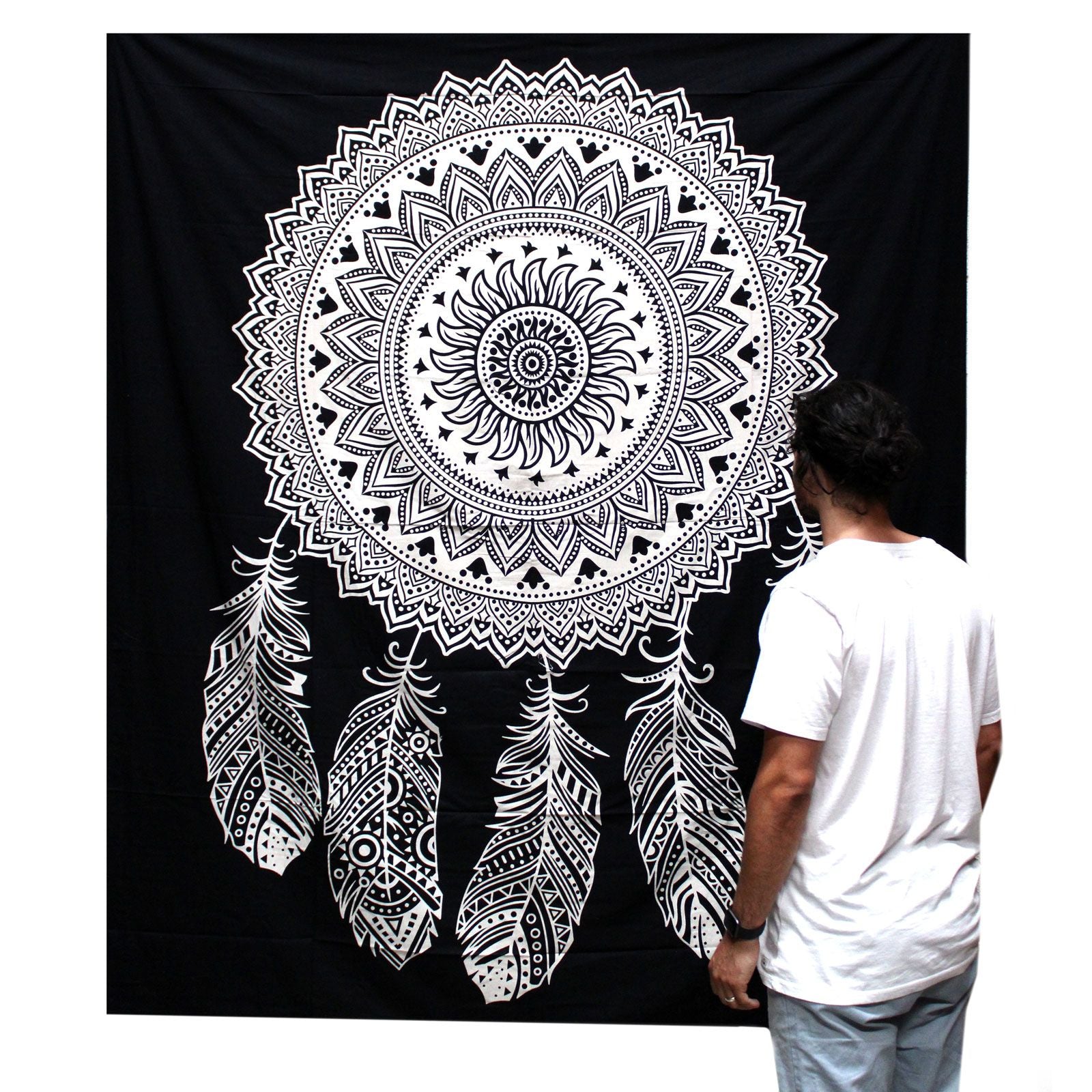 Colcha de Algodão Dupla Preto e Branco com Tapeçaria Apanhador de Sonhos